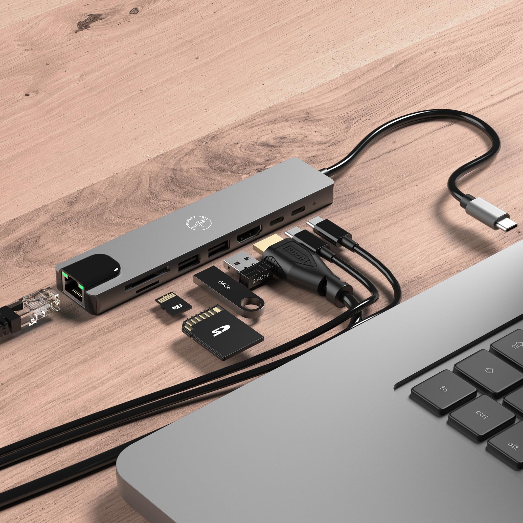 Mobility Lab – Hub Adaptateur USB-C 8 en 1 100W – HDMI, 2 Ports USB-C, 2 Ports USB 3.0, Ethernet, Lecteur de Carte SD et Micro SD – Débit Internet Rapide 10/100/1000 MB/s et HDMI 4K