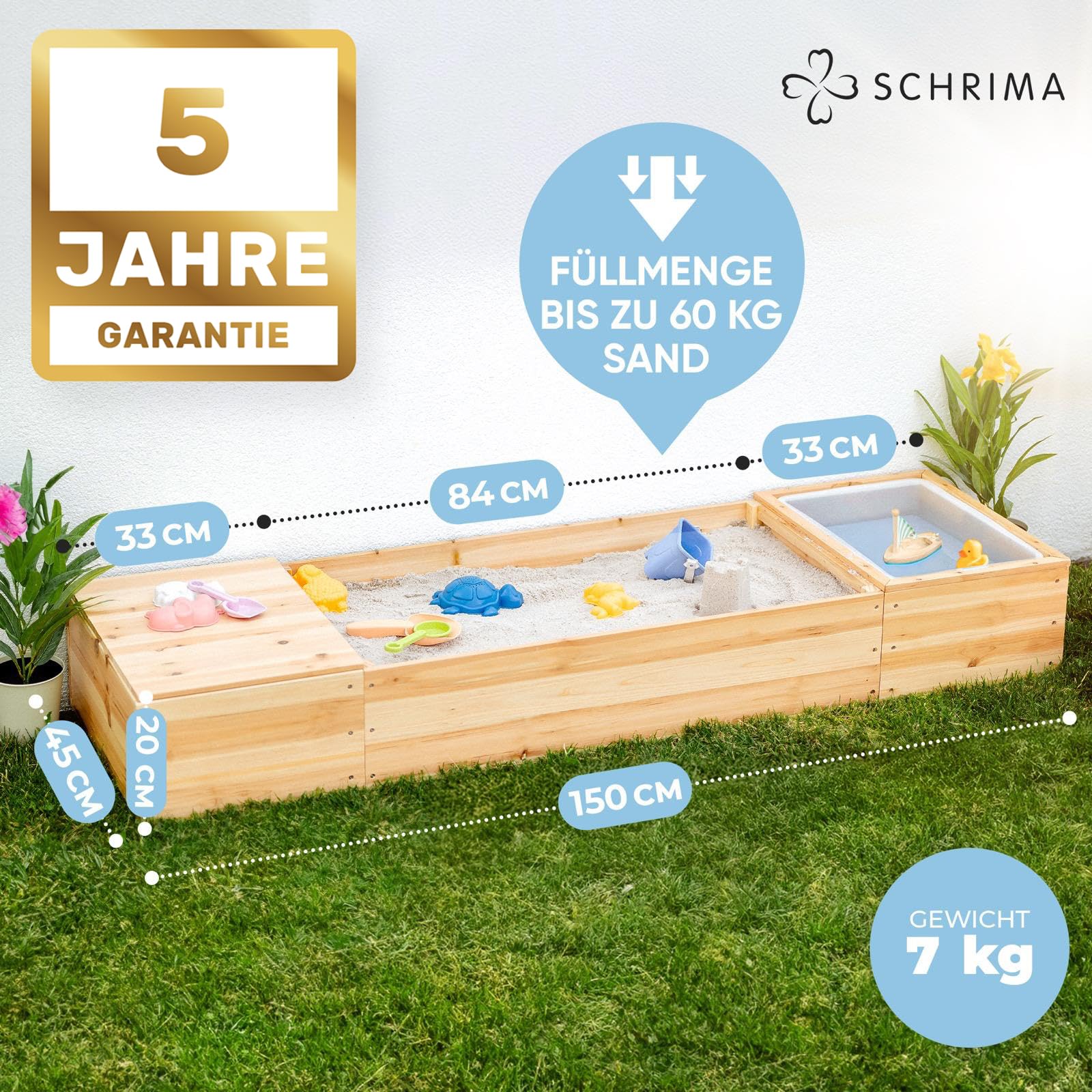 Sandkasten mit Abdeckung 150x45cm – 4 in 1 Sandbox mit Deckel aus lasiertem Massivholz für Balkon, Terrasse & Garten – Matschküche, Sandfach, Staufach, Sitzbank & Vlies, ab 1 Jahr