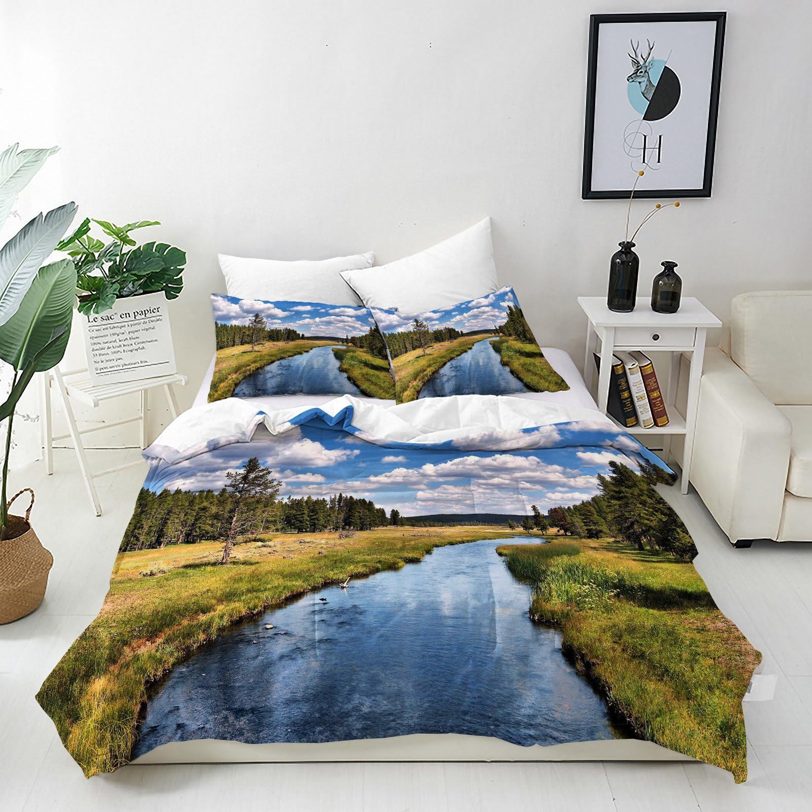 ANHOPE River Duvet Cover Set 3 Piece Bedding Set with 2 Pillowcases Nature Landscape Forest River Print Pattern Soft Breathable Microfibre Quilt Cover with Zipper Closure Double