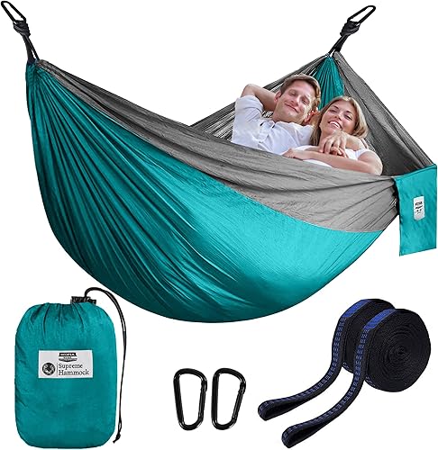 Utopia Home Hamaca de camping doble e individual con 2 correas de hamaca de árbol, hamaca de viaje para mochilero, hamaca de paracaídas de nailon