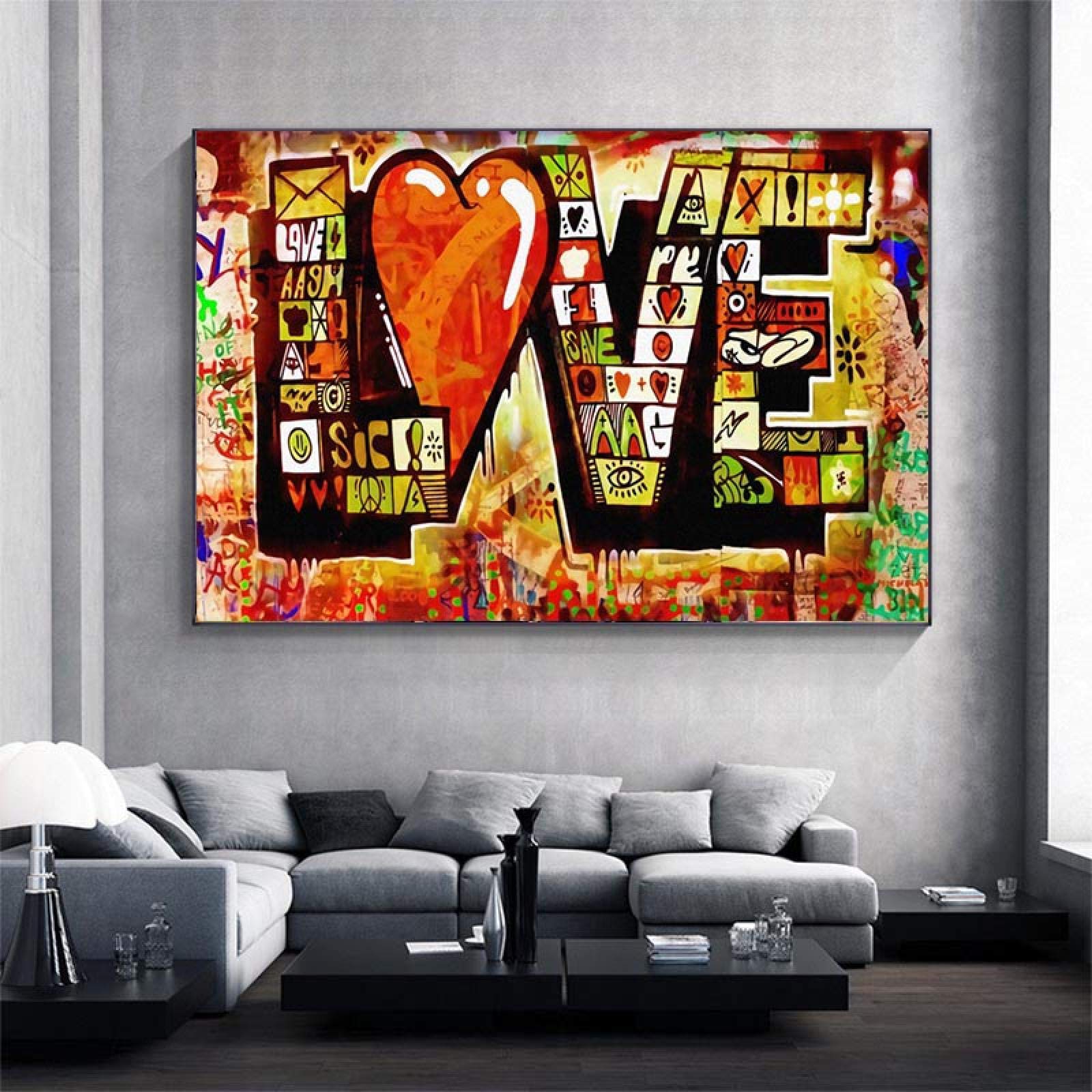 Yooyu Arte callejero Graffiti Red LOVE Pintura en lienzo Carteles abstractos modernos e impresión Imagen de arte de pared para la decoración de la sala de estar 75x135cm (30x53in) Marco negro