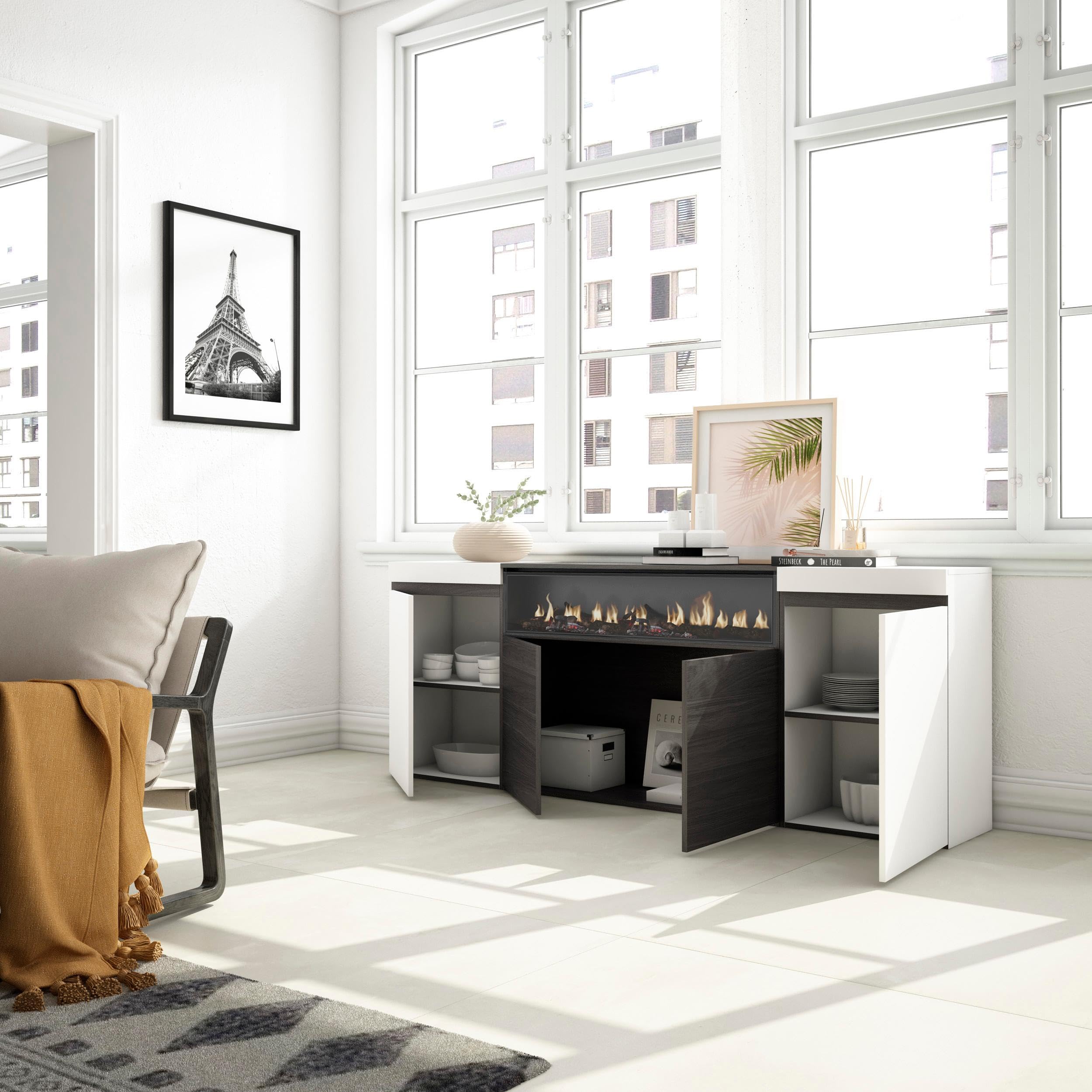 Skraut Home | Sideboard, Highboard | Kommode, Komodenschrank | 200x75x35cm | 4 Türen | Elektrokamin. Maße | Moderner Stil | Weiß und Schwarz