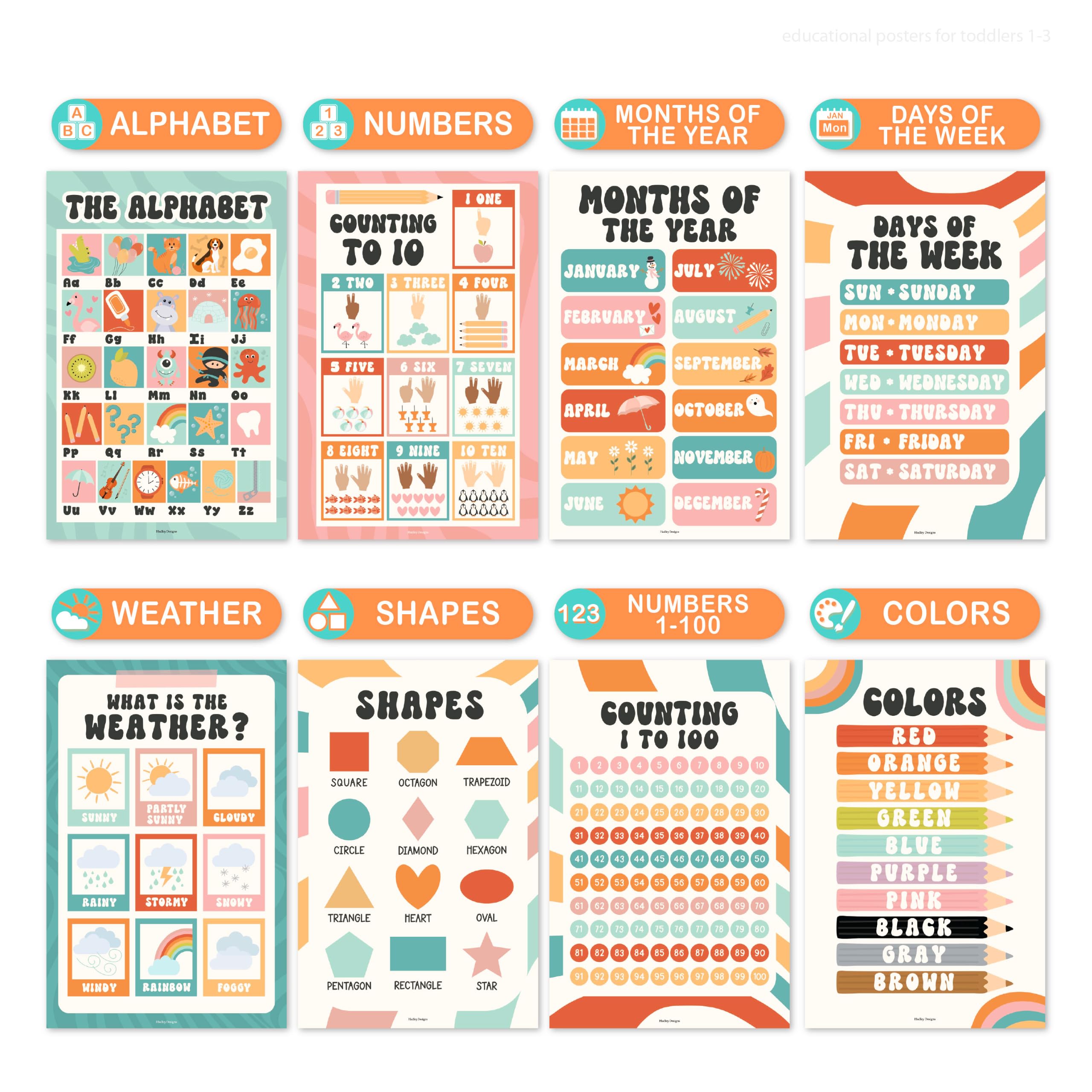 Hadley Designs Lot de 16 affiches éducatives pour les incontournables de la salle de classe – Affiches laminées pré-maternelles pour les tout-petits et les activités d'apprentissage préscolaire
