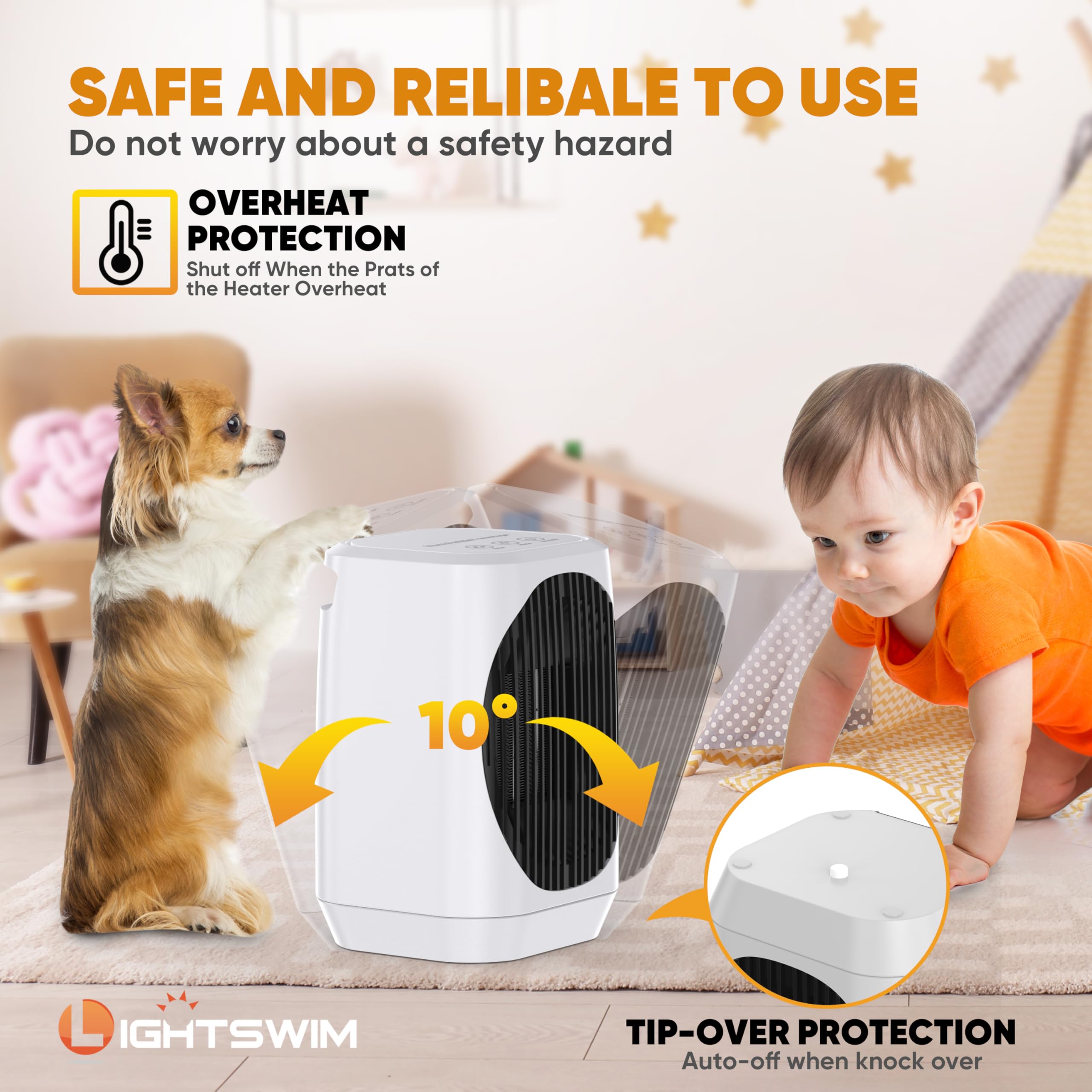 Lightswim Chauffage d'appoint électrique portable oscillant à 70°, 1200 W PTC en céramique avec 3 modes, mini chauffage/refroidisseur pour bureau, chambre, intérieur (blanc)