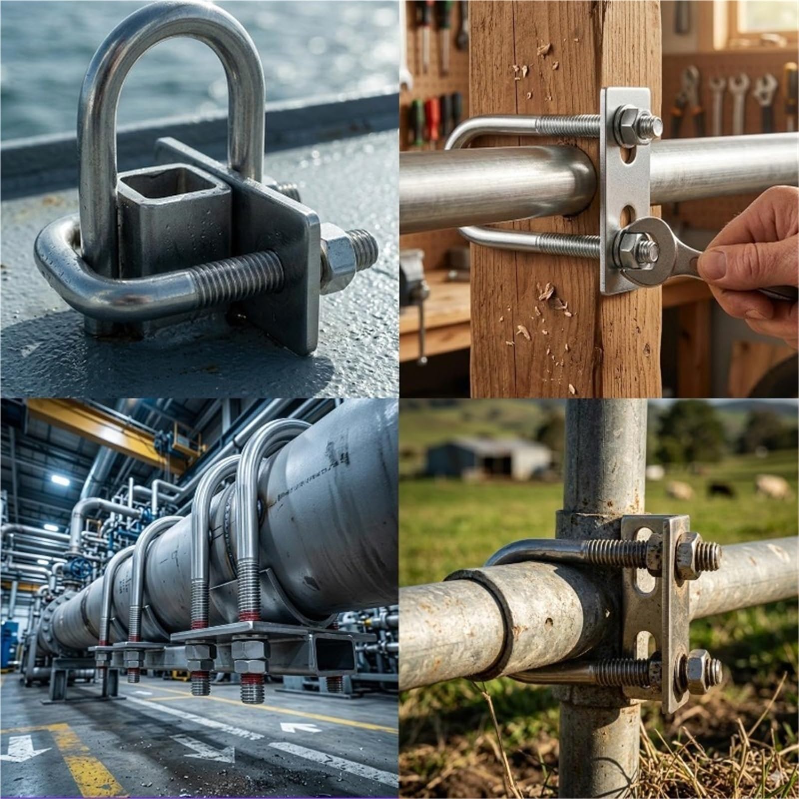 U Bügel Edelstahl-Vierkant-U-Bolzensatz, rechtwinklige Muttern, Plattenleitbleche, Zaungestell, Halterung, Hardware-Befestigungselemente(M10,5set)