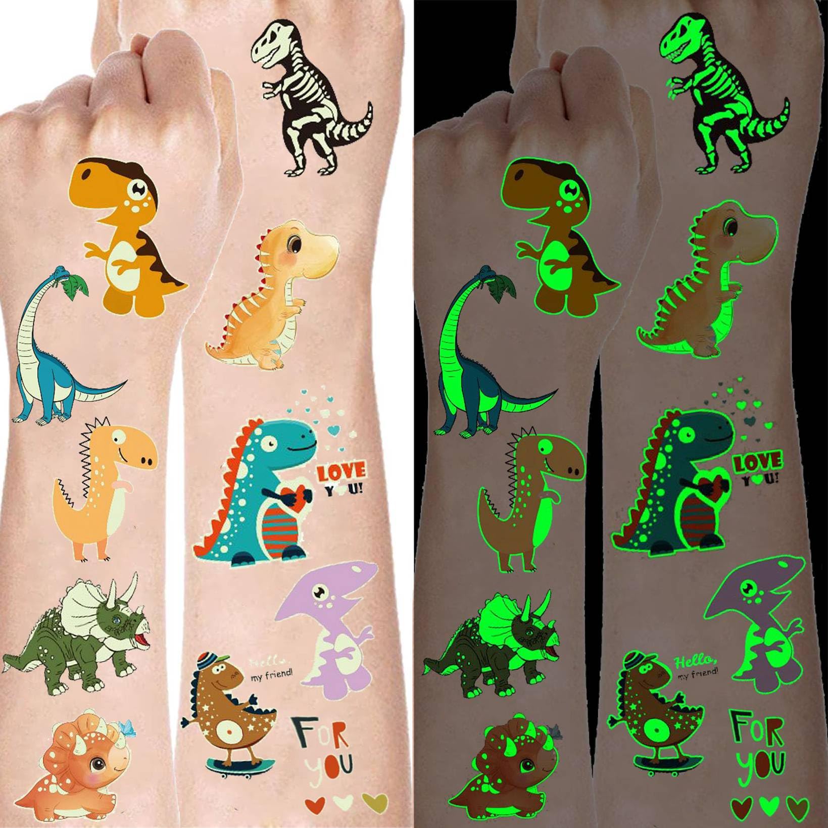 15 Sheets Glow in The Dark Cartoon Dinosaur Temporary Tattoos For Kids Boys Girls Face Hands, Night Glowing Luminous Tattoo Stickers Dino Tatoos