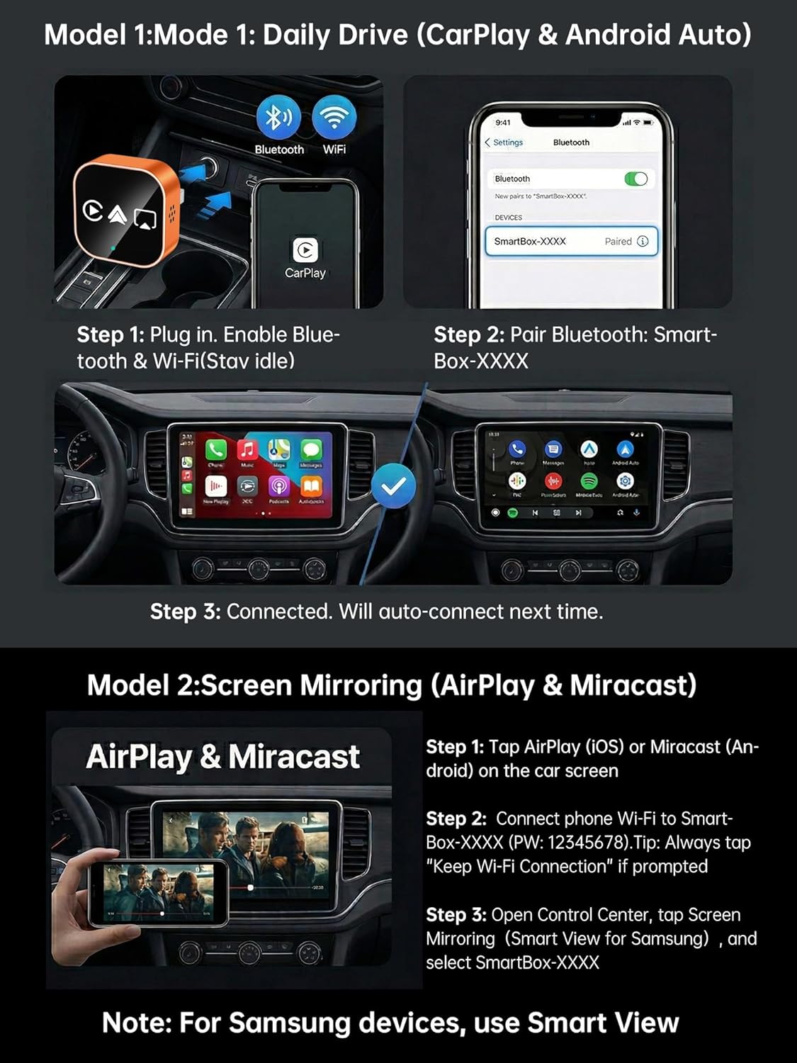 4-in-1 Wireless CarPlay & Android Auto Adapter – AirPlay & Miracast Media Hub – Seamless for Mixed Families – 5.8GHz Low-Latency & Auto-Connect – Factory Wired Cars Only (Sunset Orange)