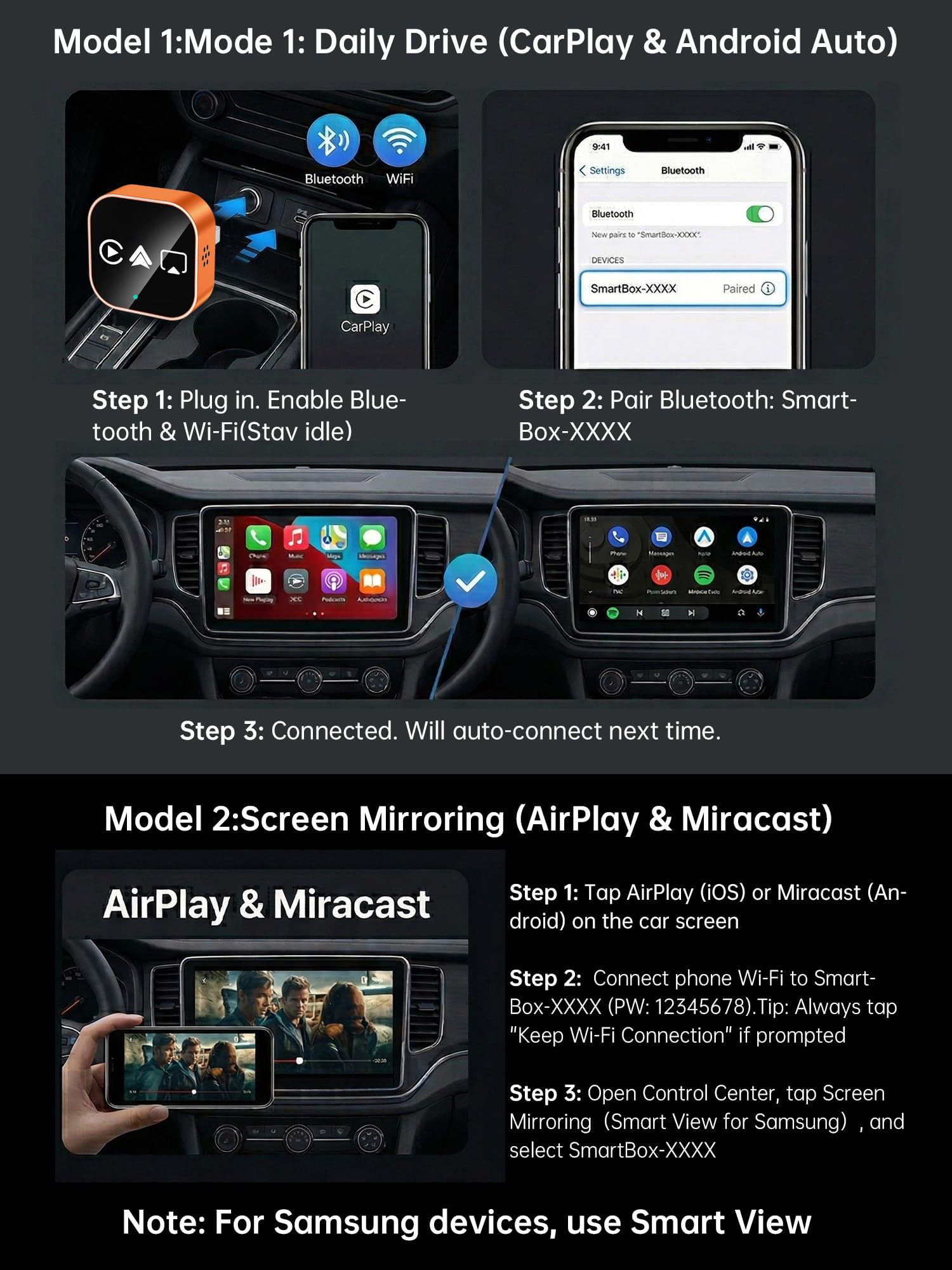 Adattatore auto Android wireless CarPlay 4 in 1 - AirPlay & Miracast Media Hub - Senza soluzione di continuità per famiglie miste - Bassa latenza da 5,8 GHz e connessione automatica - Solo