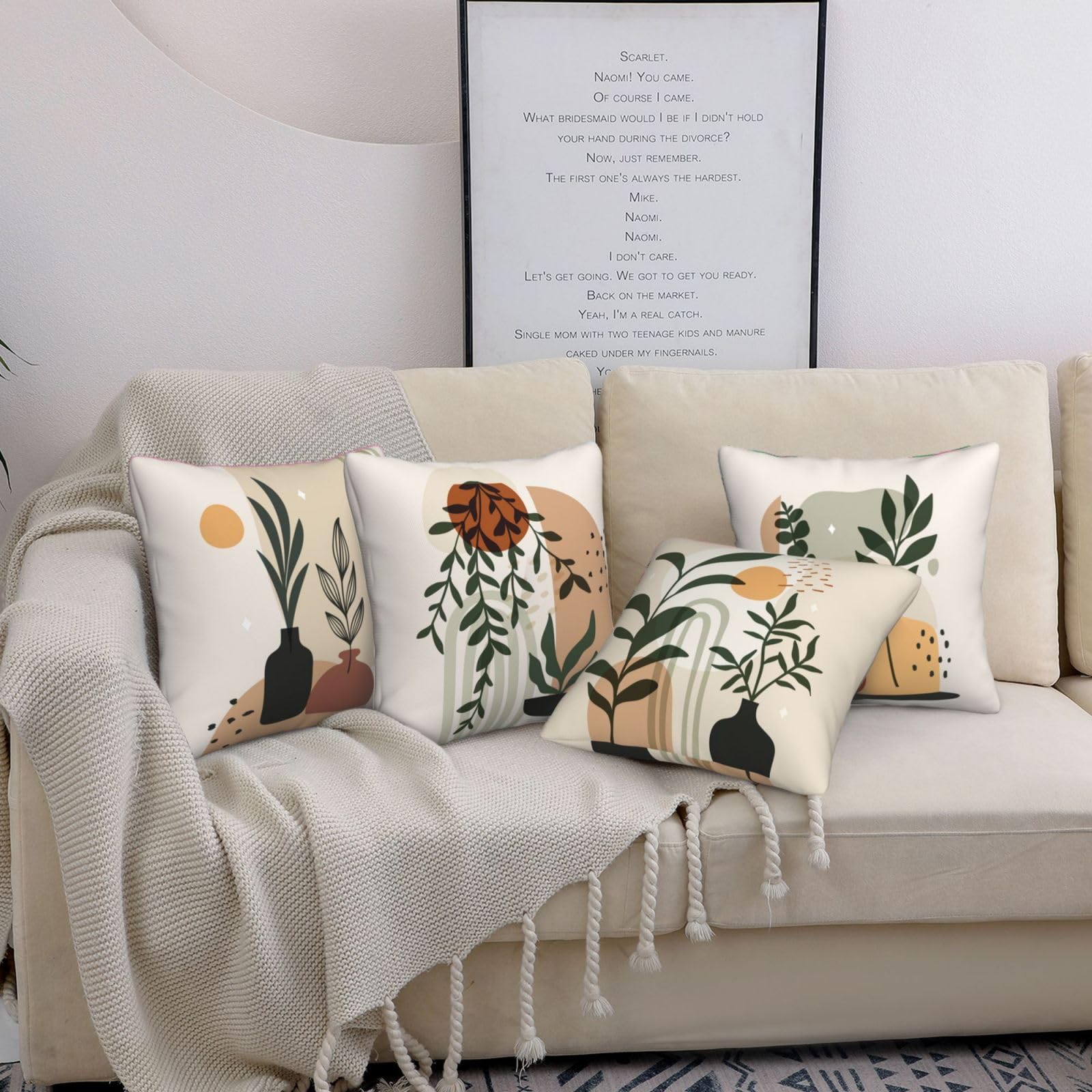 IcosaMro Set Di 4 Federe Per Cuscini Bohémien 45x45 Cm - Verde Salvia Con Motivo Floreale E Foglie - Cotone E Lino Per Divano, Soggiorno