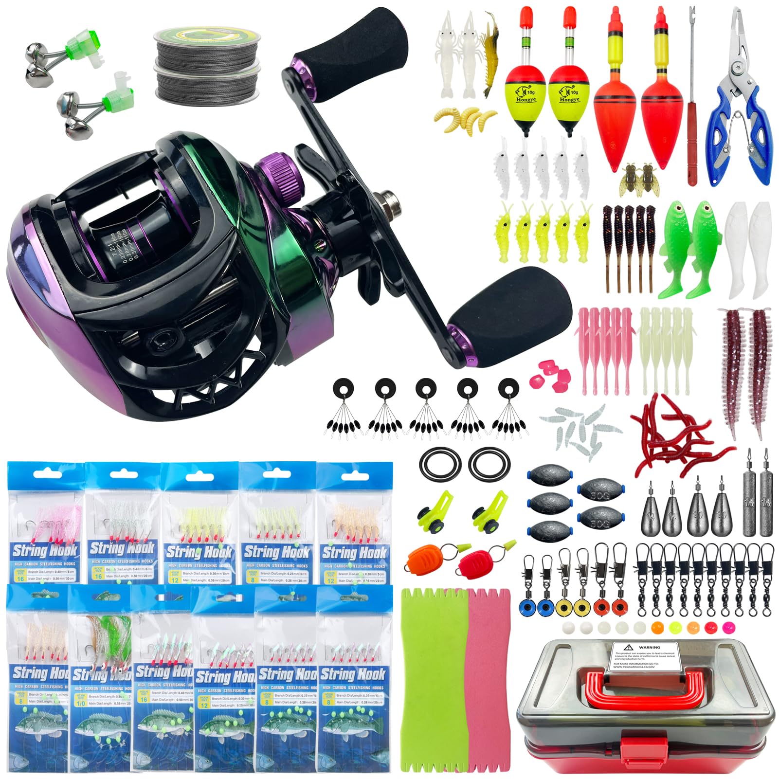 Set di 141 esche da pesca con baitcaster, piume di sgombro Rig, lenza da pesca intrecciata, esche morbide, galleggianti, piombo da pesca e altri accessori da pesca