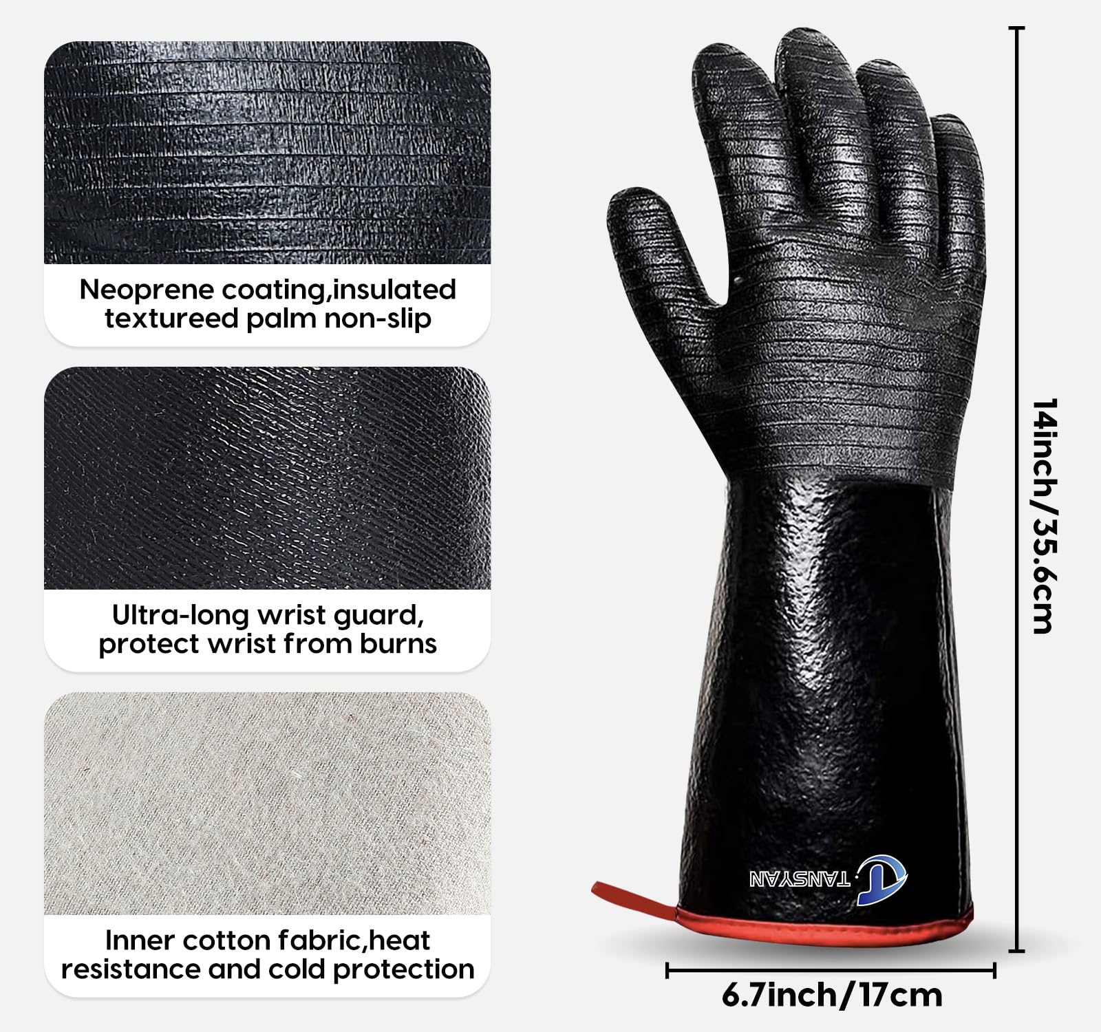 Guantes de barbacoa, guantes resistentes al calor extremo a 500.0 °C para parrilla, barbacoa, guantes impermeables de manga larga para freidora, horno, ahumador, revestimiento de neopreno