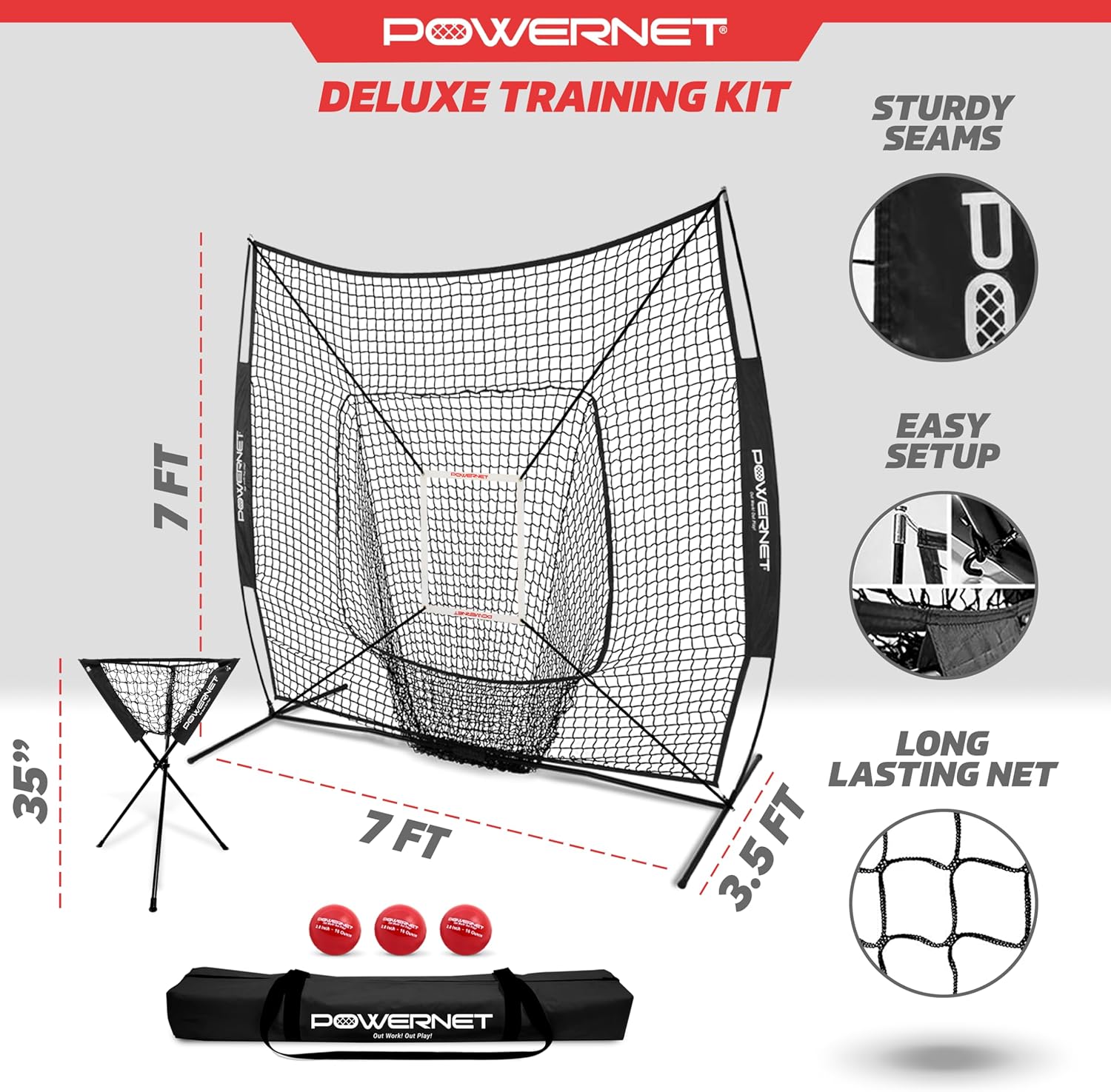 PowerNet Baseball Softball Practice Net 7x7 with Baseball Accessories for Practice Pitching & Batting, Ball Caddy, Weighted Baseballs, Tee (Deluxe Training Kit, Black)
