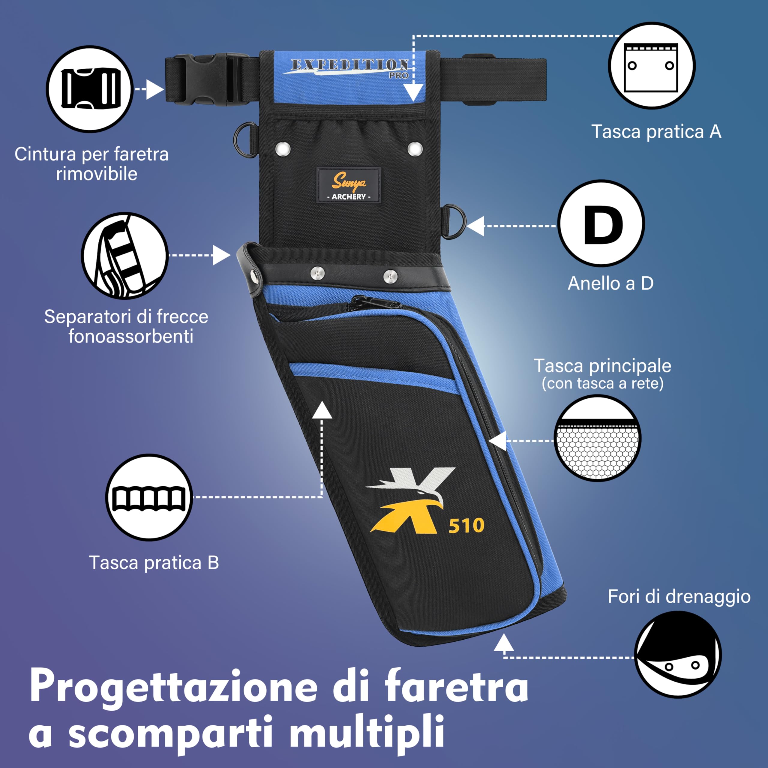 Sunya X510 Faretra da Fianco per Campo e Competizione | Faretra per arcieri silenziosa a 3 Slot con Sistema di archiviazione Robusto (42x18cm)