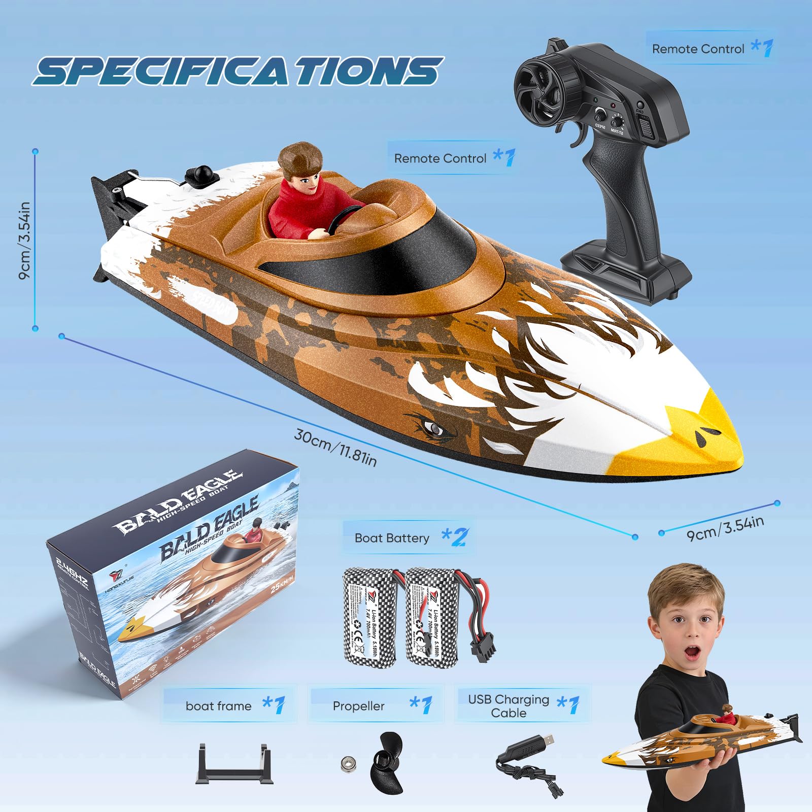 Barco teledirigido con iluminación LED, barco RC, 35 km/h, autoalineable, 2 baterías, control remoto de 2,4 GHz, impermeable y a prueba de vuelco, para niños y adultos, piscina y lago