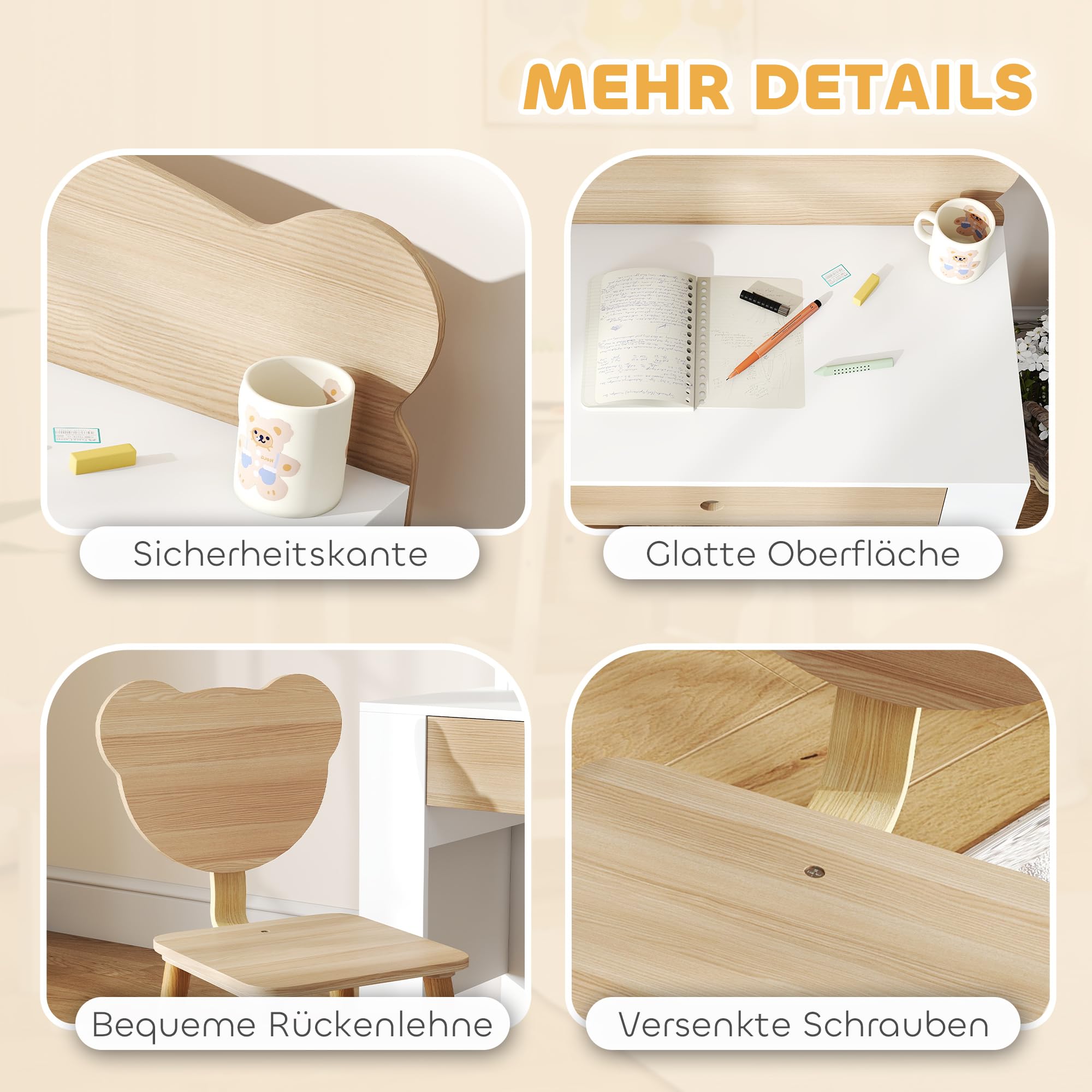 AIYAPLAY Kinderschreibtisch Set mit Tischplatte & Schublade Kinder Schreibtisch und Stuhl mit Bärenform Schülerschreibtisch Kindertisch Jugendschreibtisch für Jungs & Mädchen Naturholz