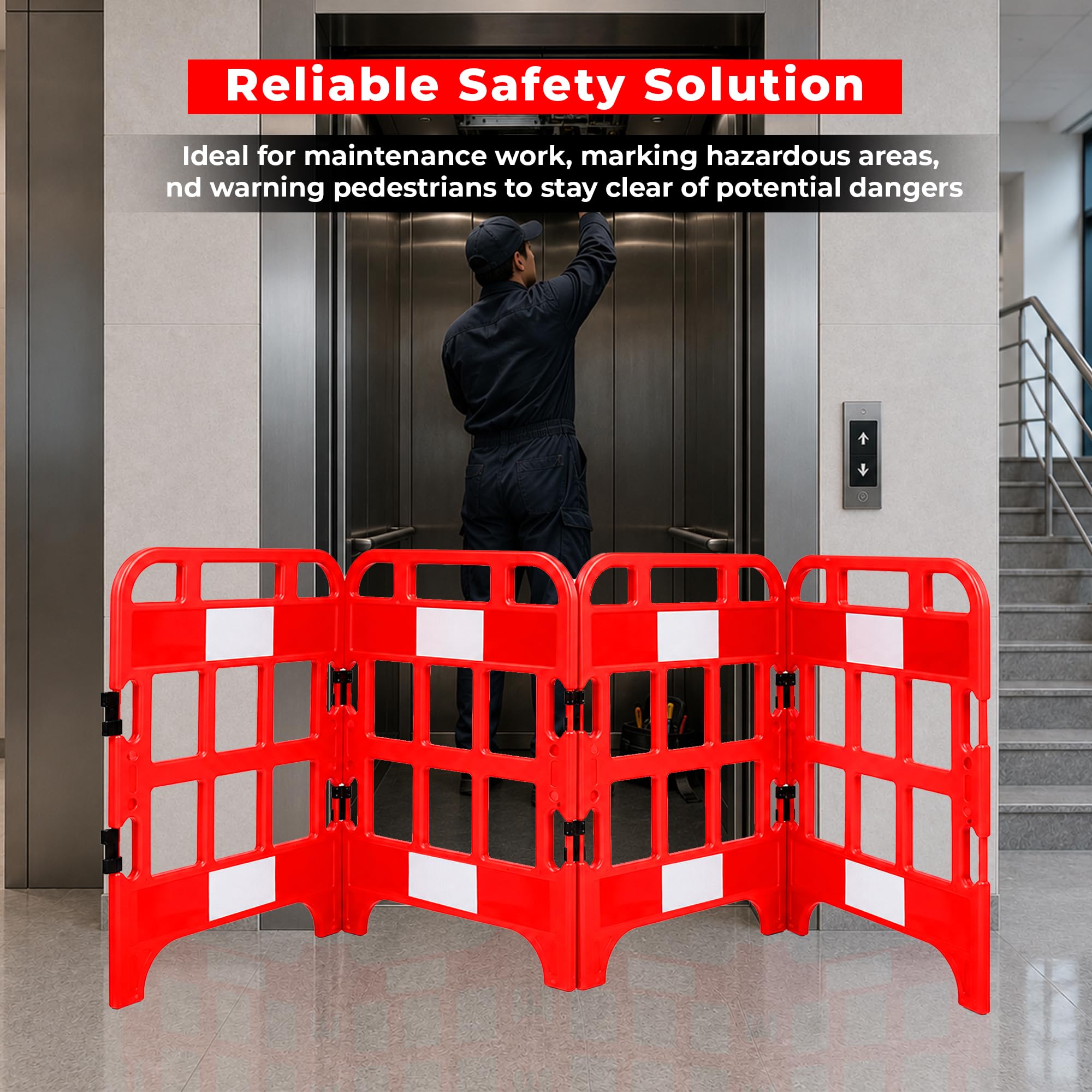 Barrera plegable – Rojo | Puerta temporal plegable de 4 piezas | Barrera de seguridad reflectante para la seguridad de peatones y trabajadores