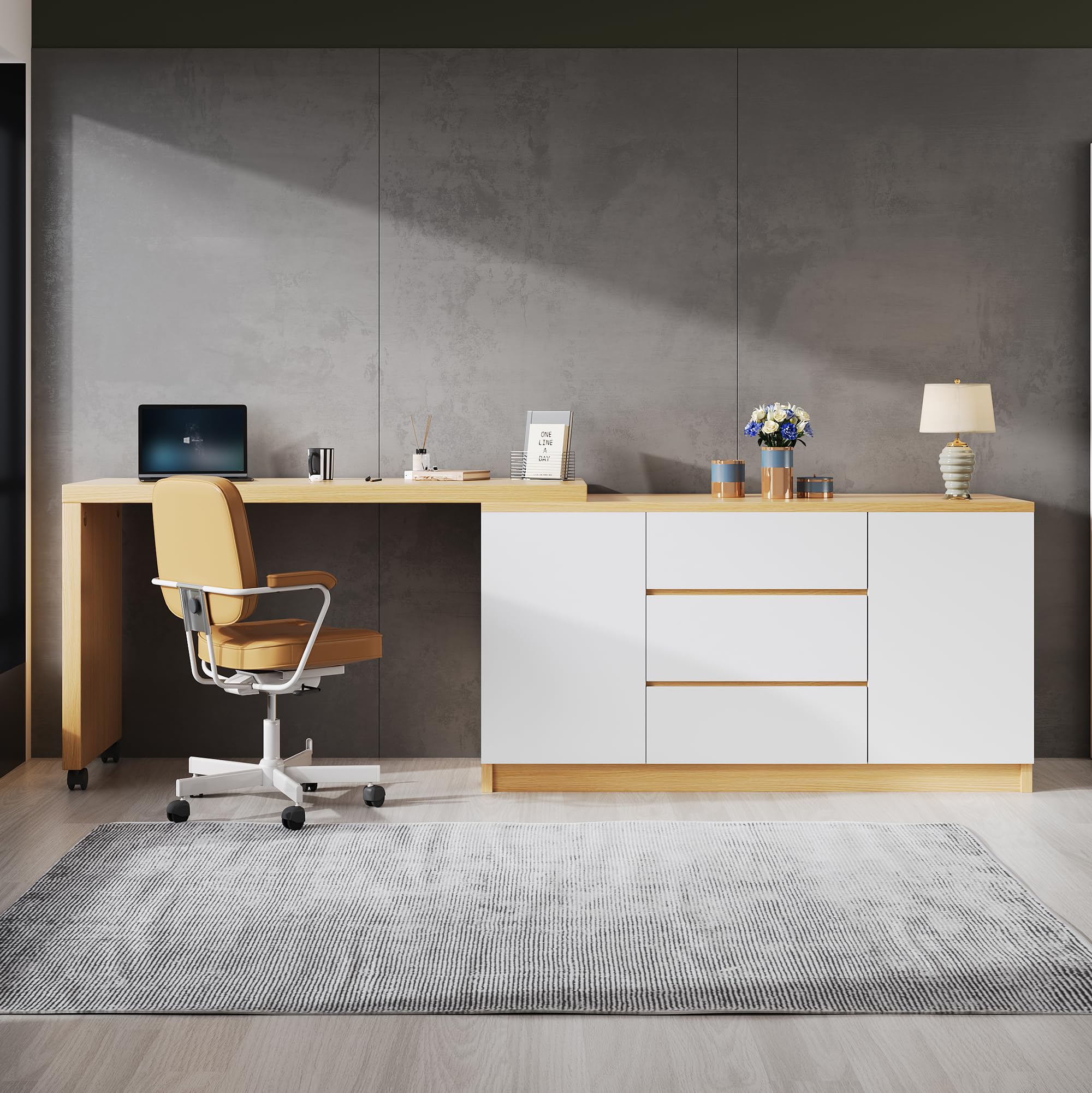 Scrivania con ruote bloccabili, design multifunzionale, 4 cm di spessore, piano girevole bloccabile, scrivania pieghevole, scrivania angolare, credenza (legno + bianco)