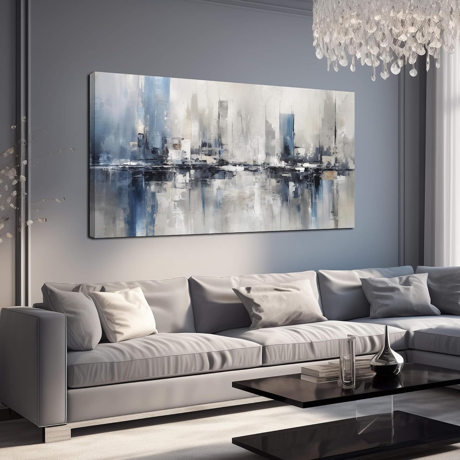 Large Abstract Wall Art for Living Room Canvas Wall Art Blue White and Grey Pictures Wall Art for Living Room Bedroom Office Bathroom Kitchen Modern Canvas Artwork Decor Minimalist Artwork 20"x 40"