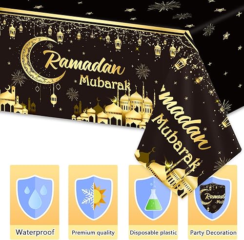 Miniatura 3 de 1 Manteles Ramadán Mubarak Eid Mubarak Decoraciones de Mesa Ramadán Kareem Suministros de Fiesta Negro y Dorado Cubierta de Mesa Rectangular para