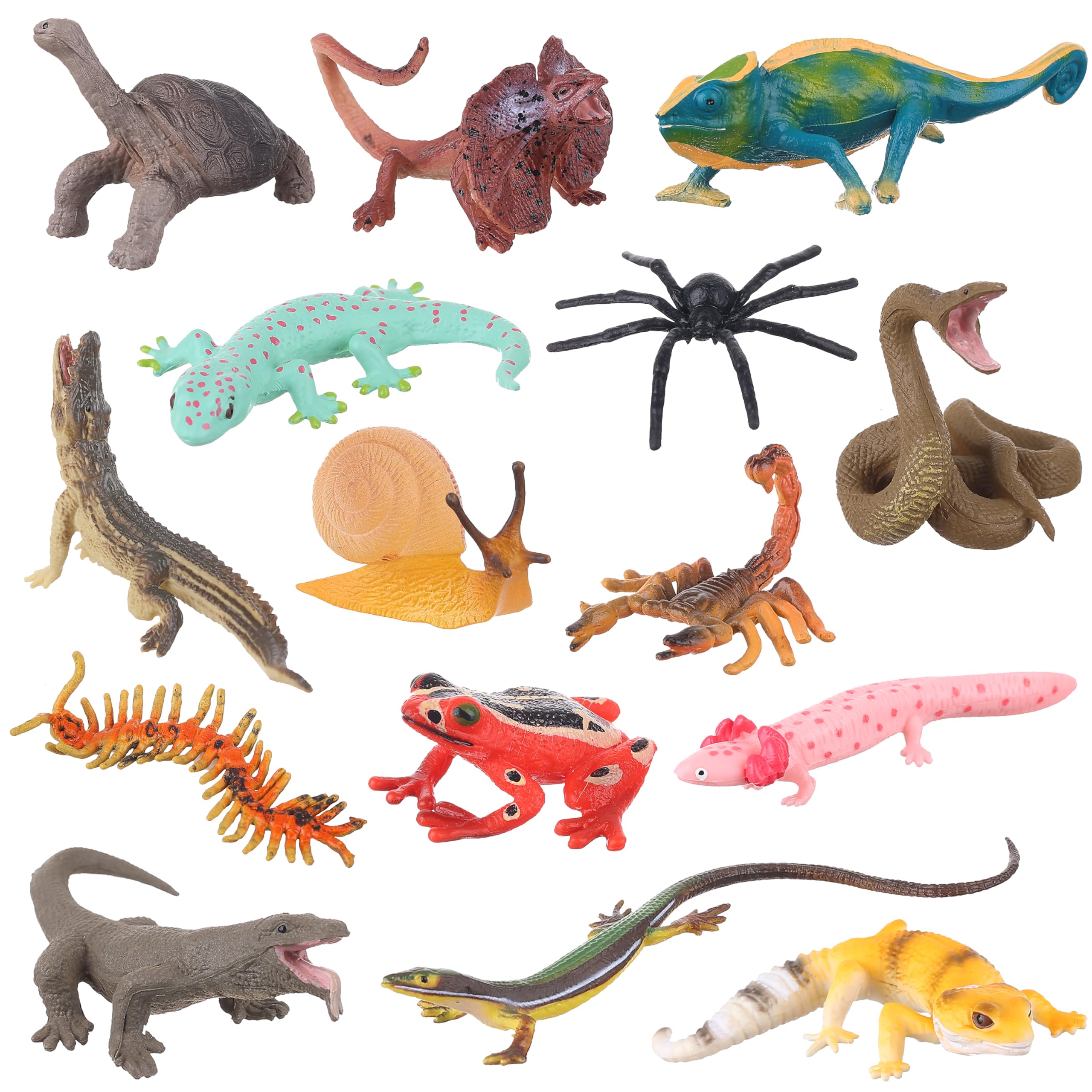 AENIMELY 15pcs Realistic Reptile Animal Figurines – Lizard, Frog, Komodo Dragon, Snake Toys for Educational Play, Fairy Garden Accessories, Nature Decor, Birthday Cake Topper Party Favor for Kids