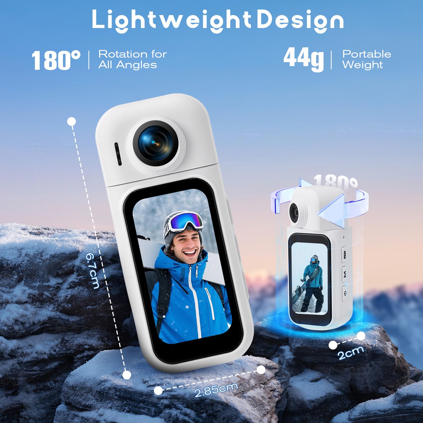 360° Mini Action Kamera mit Touchscreen, Action Body Cam, 30m Wasserdicht, 8h Akku, 120° Weitwinkel, inkl. 8h Akku Laufzeit, 64GB Speicher, Fahrradhelm Kamera für Motorrad, Tauchen, Vlog (weiß)