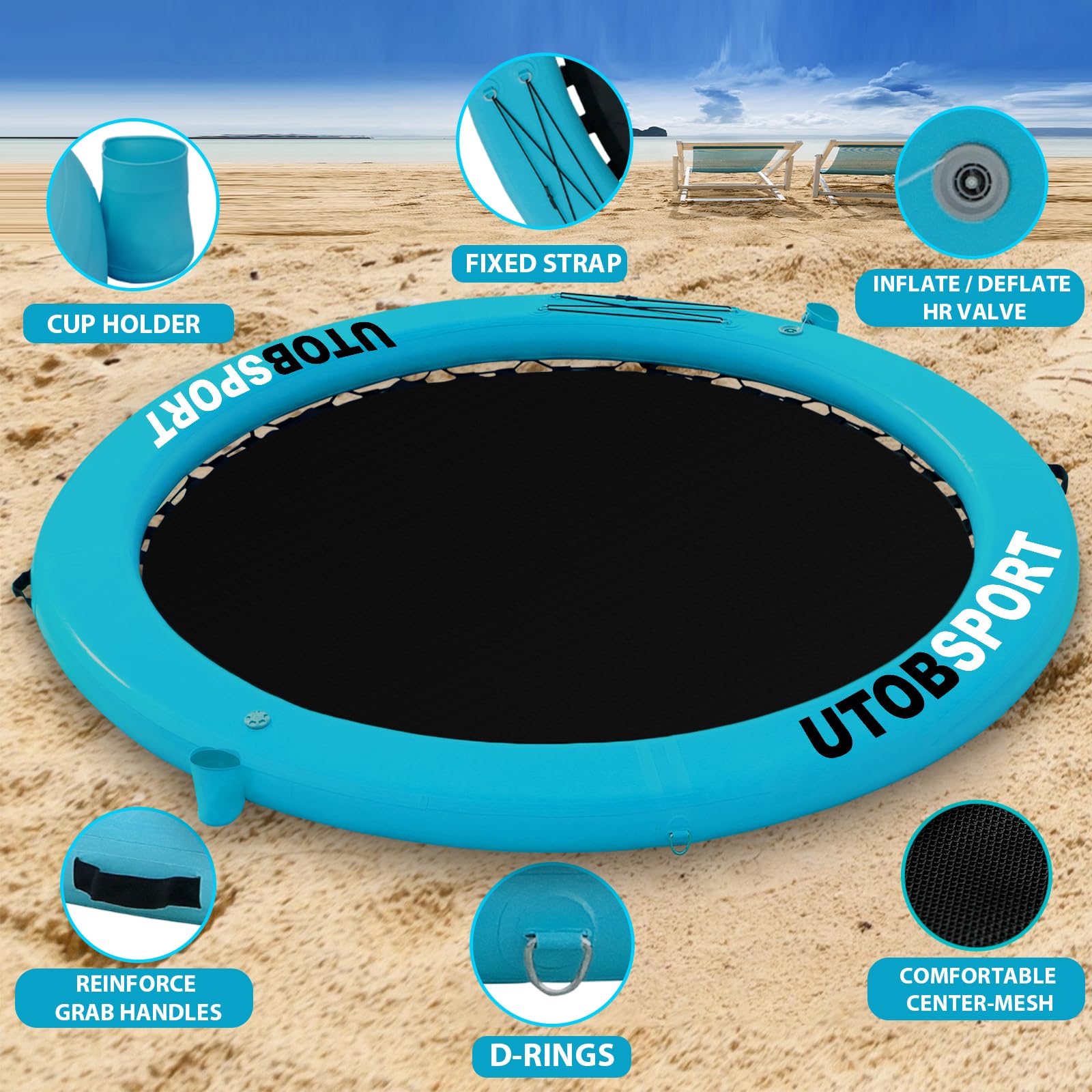 UTOBSPORT Inflatable Water Hammock Floating Dock 8x8 FT Water Floating Island Raft for Lake Boat Pool Ocean | Adults Kids Dogs, with W/Cupholder & Pump(Lake Blue/Blue)