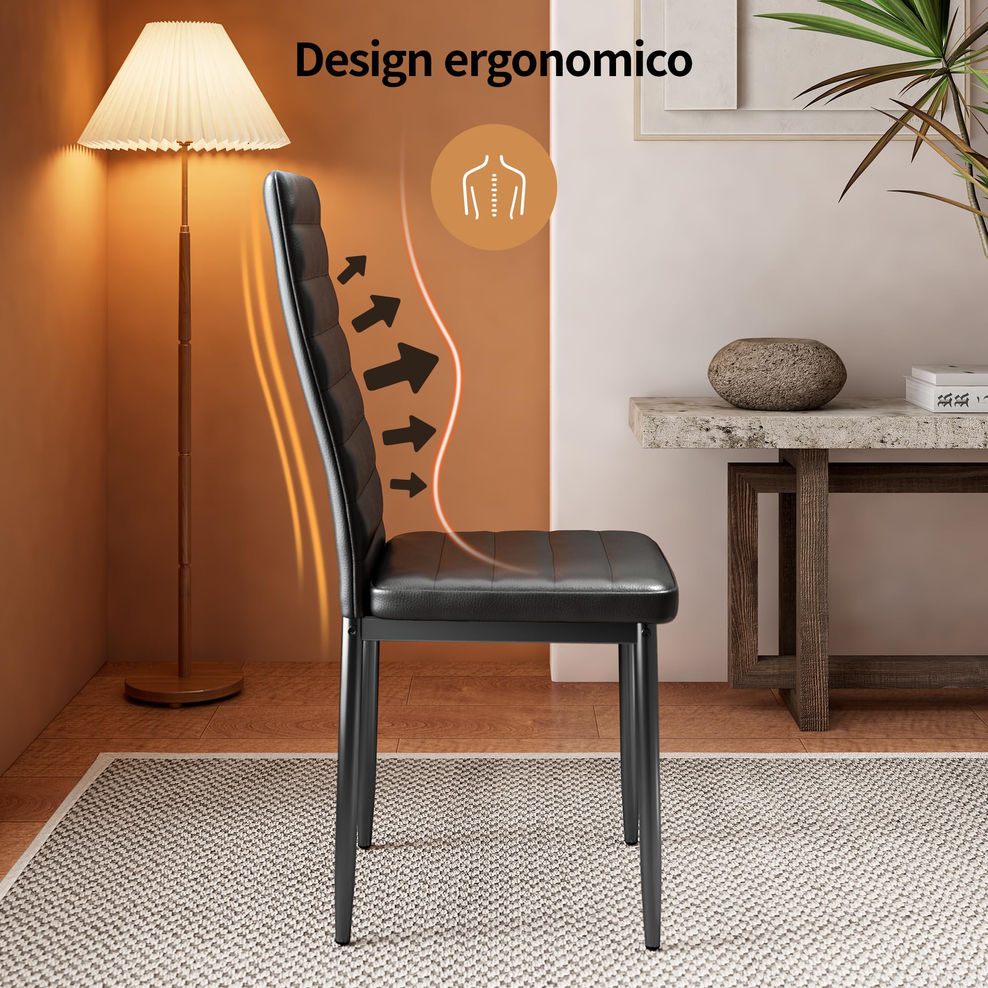 Bealife Sillas de Comedor Modernas (Juego de 4), Tapizadas en Piel Sintética PU, Respaldo Alto Ergonómico para Salón y Cocina, Negro