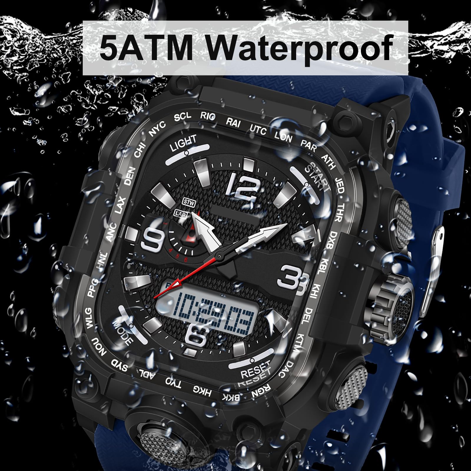 findtime Relojes para hombre, reloj militar para exteriores, reloj de pulsera rectangular, digital, diseño analógico, reloj deportivo para hombre, resistente al agua 5 ATM, iluminación con fecha, 12