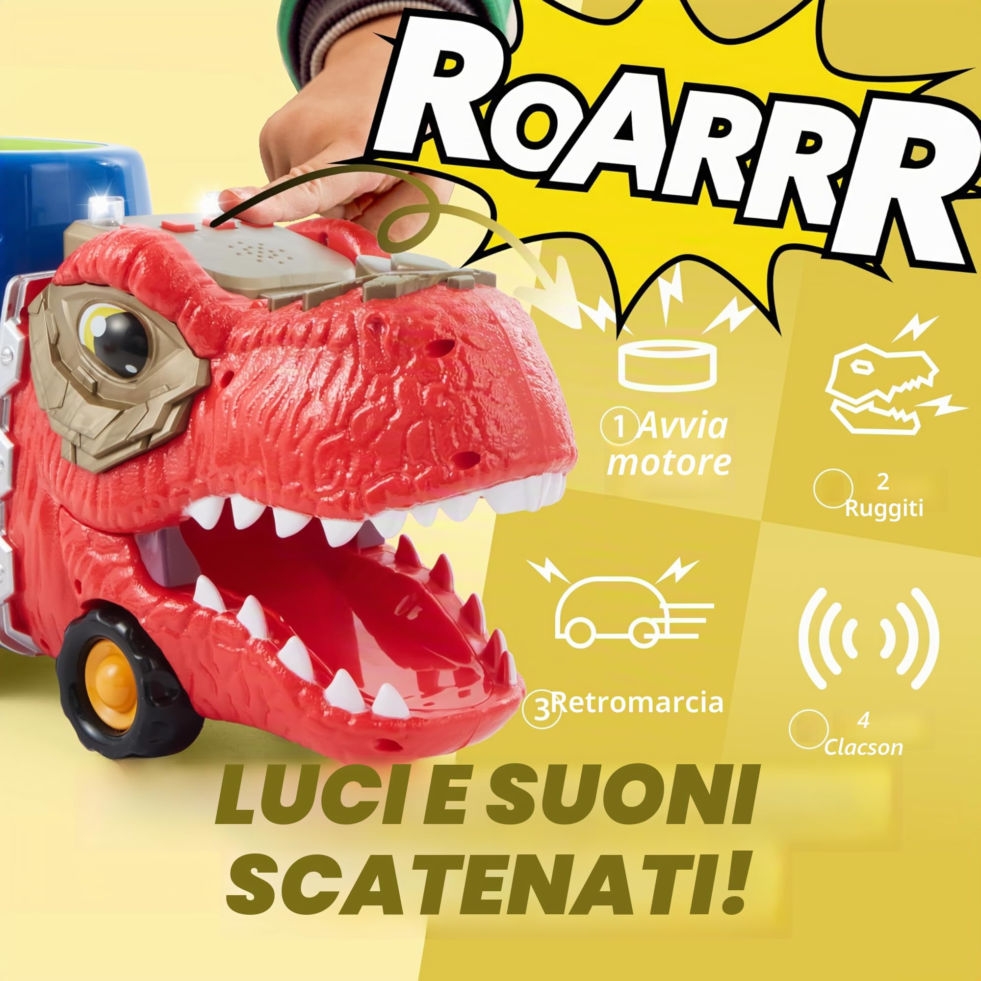 JOYIN Mini Camion Trasportatore di Dinosauri con 6 veicoli Giocattolo in Gomma Morbida, con Musica e Suono Forte, Luci Lampeggianti, Regali per Ragazzi e Ragazze dai 2 anni in su(Blu)