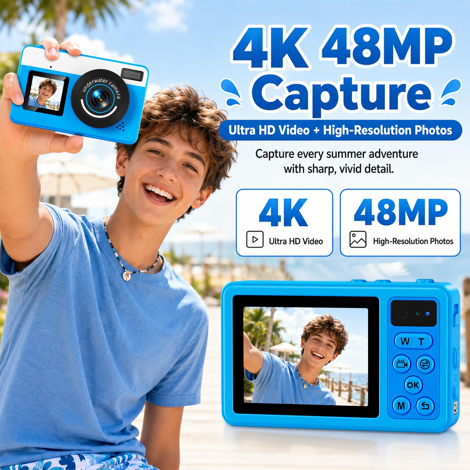 Maxmango D70 Fotocamera Subacquea 4K 48MP, Macchina Fotocamera Impermeabile 10FT per Piscina Spiaggia, Doppio Schermo Autofocus Zoom 18X, Macchina Fotografica Regalo per Ragazzi e Adulti, 16GB, Blu