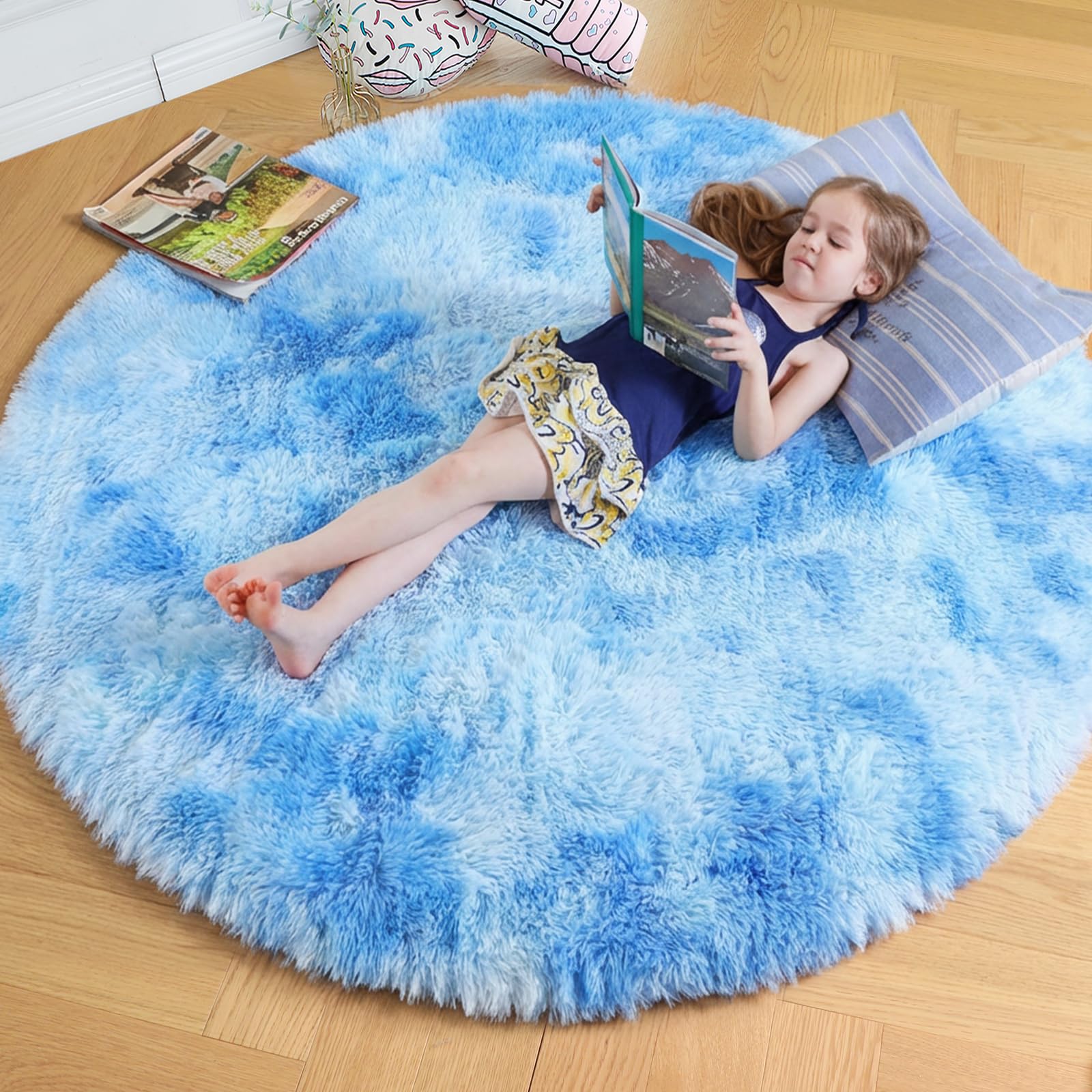 Amdrebio Tie-Dyed Light Blue Round Circle Rug 5Ft for Girls Bedroom Nursery — image 1