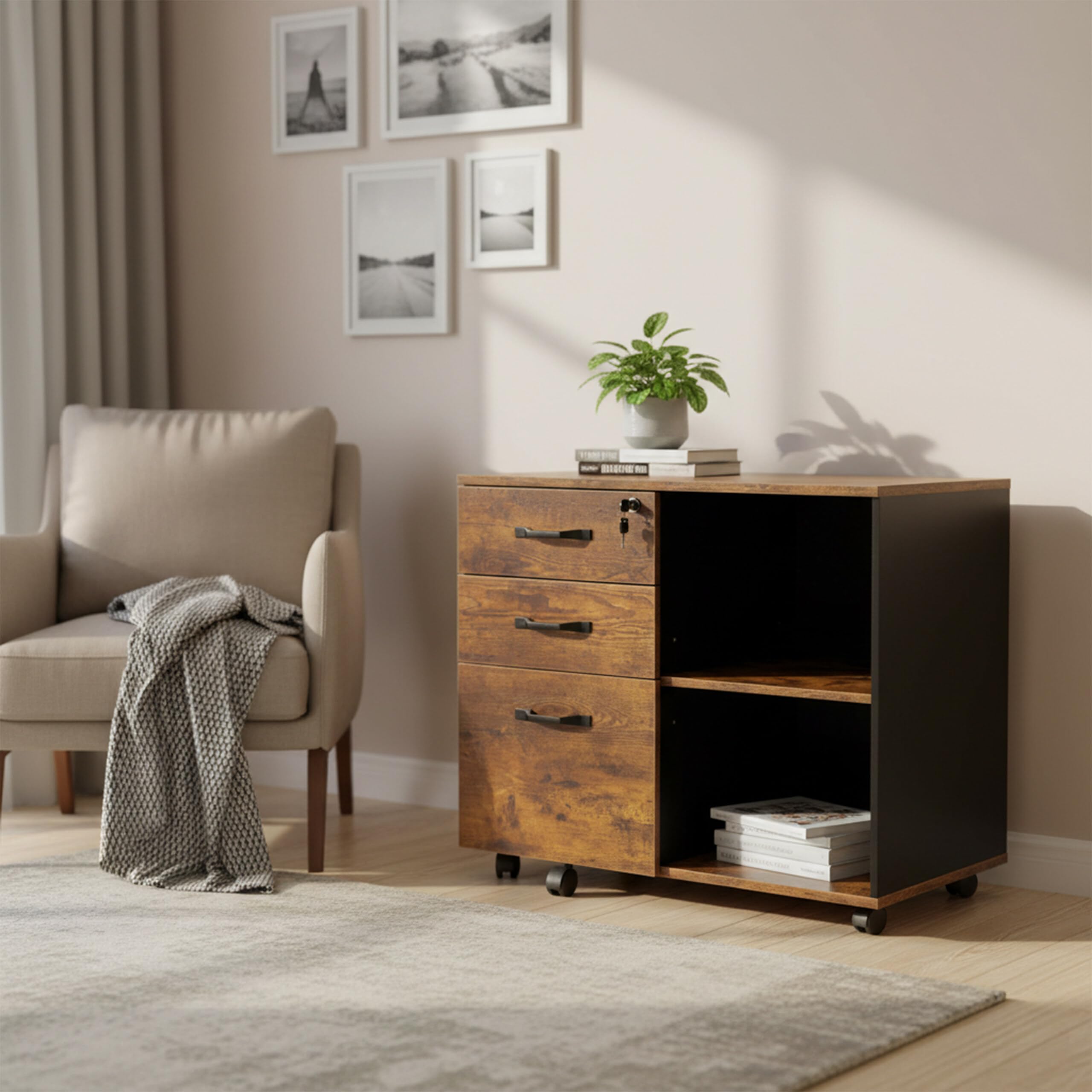 Relaxdays Cassettiera sotto Scrivania da Ufficio, Mobile con Chiave, 3 Cassetti Portadocumenti, 66x80x40 cm, Industriale