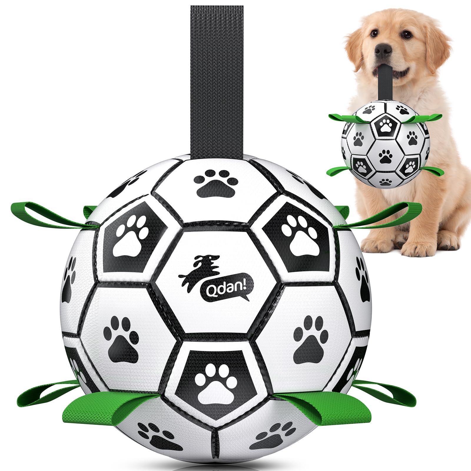 QDAN Dog Toys for Small Medium Puppy, Soccer Ball for Dogs with Straps, Dog Herding Balls, Birthday Toy Gifts, (Black Greem, 6 Inch) — image 1