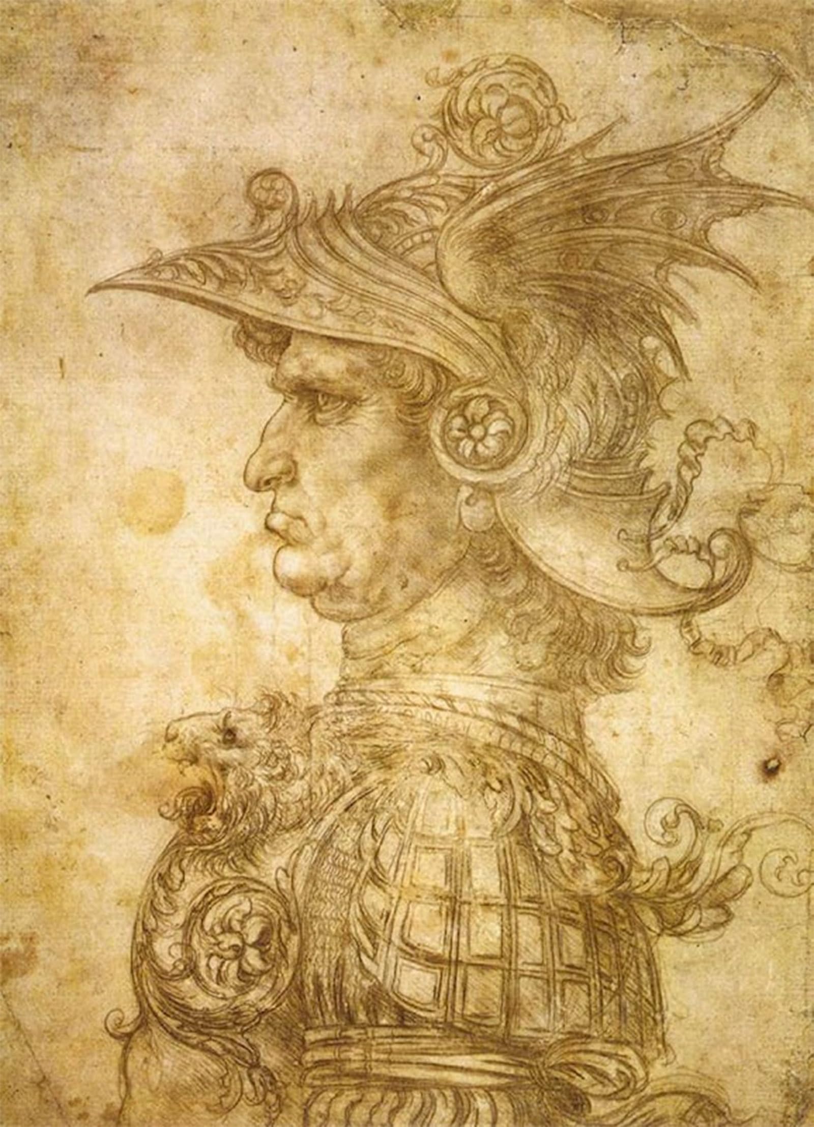 SERENDIPITP Abstract Painting Mural Print Picture Wall Decor Painting Prof ile of a in helmet Leonardo da Vinci Vintage Wall Artwork for Home Decor 60x90cm