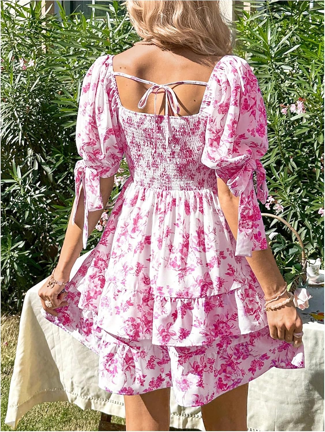 Floerns Women's Floral Print Puff Sleeve Square Neck Ruffle Mini Dresses image 3