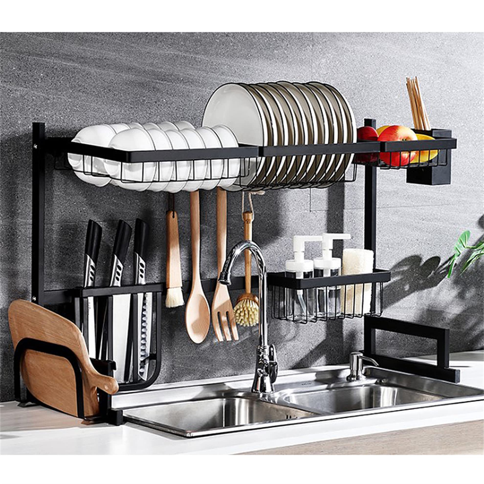 MINGYI Abtropfgestell für Spülbecken, mit 4 Körben, Baguette-Käfig und Messerhalter, multifunktionaler Küchenorganisator, rostfreier Geschirrtrockner (Schwarz I)