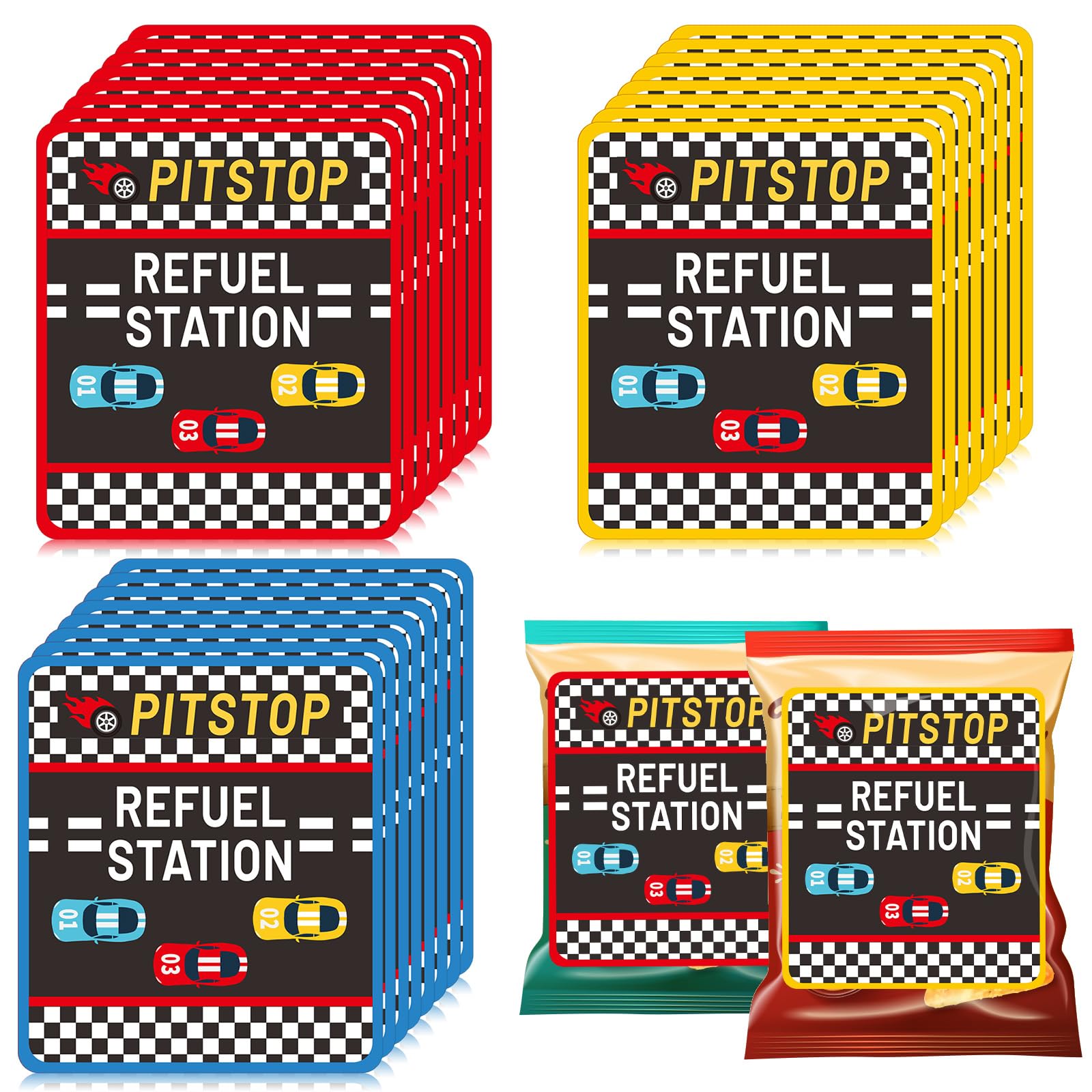 Marspark 36 Pcs Large Size Racing Car Stickers for Chip Bag 3 Style Race Car Label Checkered Racecar Sticker Party Supplies for Racing Birthday Snack