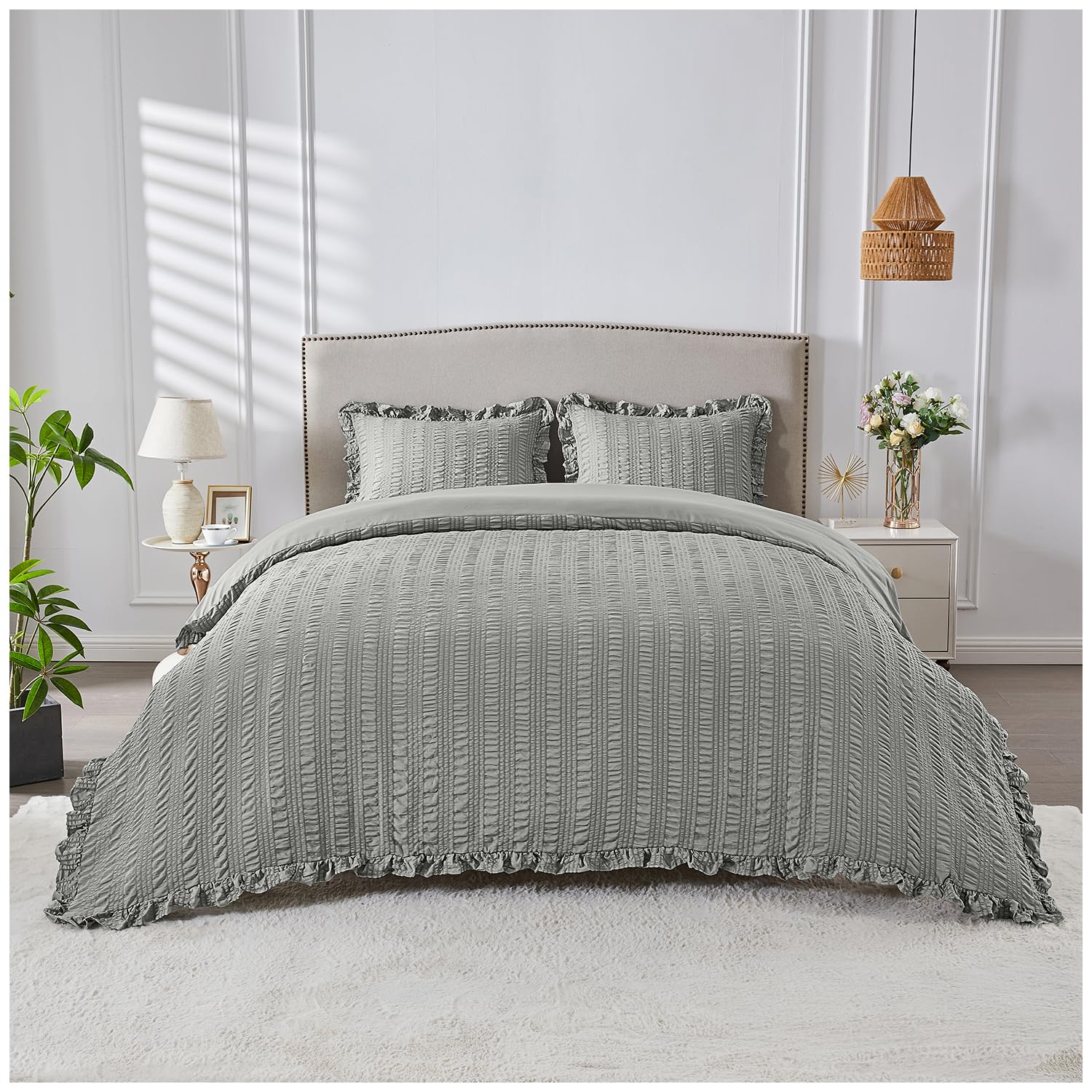GC GAVENO CAVAILIA Embossed Duvet Cover Double - 2Piece Striped Grey Bedding Double Duvet Cover Set Pillow Cases - Lightweight & Reversible Quilt Cover Bed Set With Button Closure, 200X200 cm