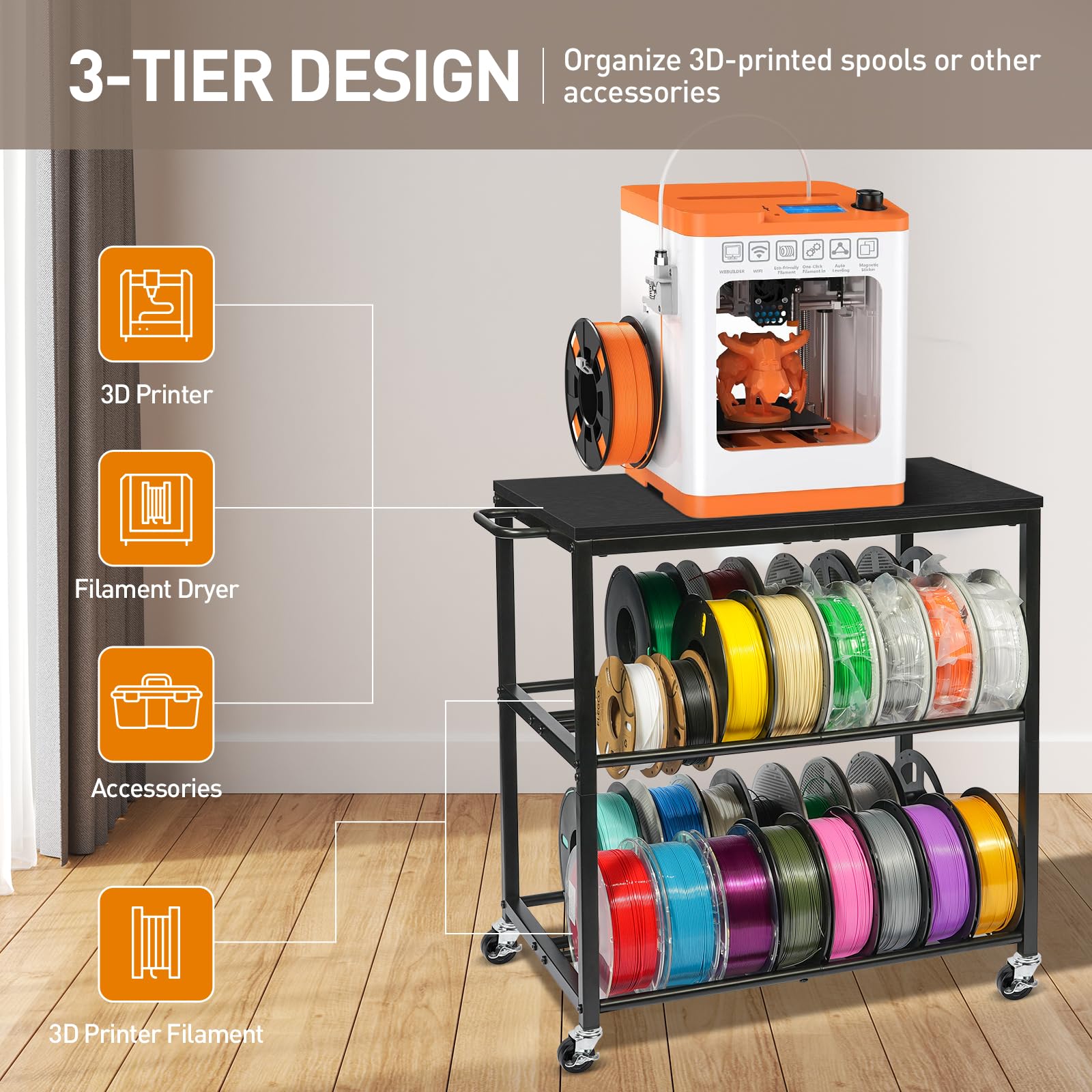 ikkle 3D-Drucker Filament Lagerregal mit Rädern – Schweres Metall Spulenhalter, 3-Etagen 3D Druckerzubehör Organizer für PLA/ABS/TPU/Nylon – Für 3D-Druckstation, Büro & Werkstatt, Schwarz
