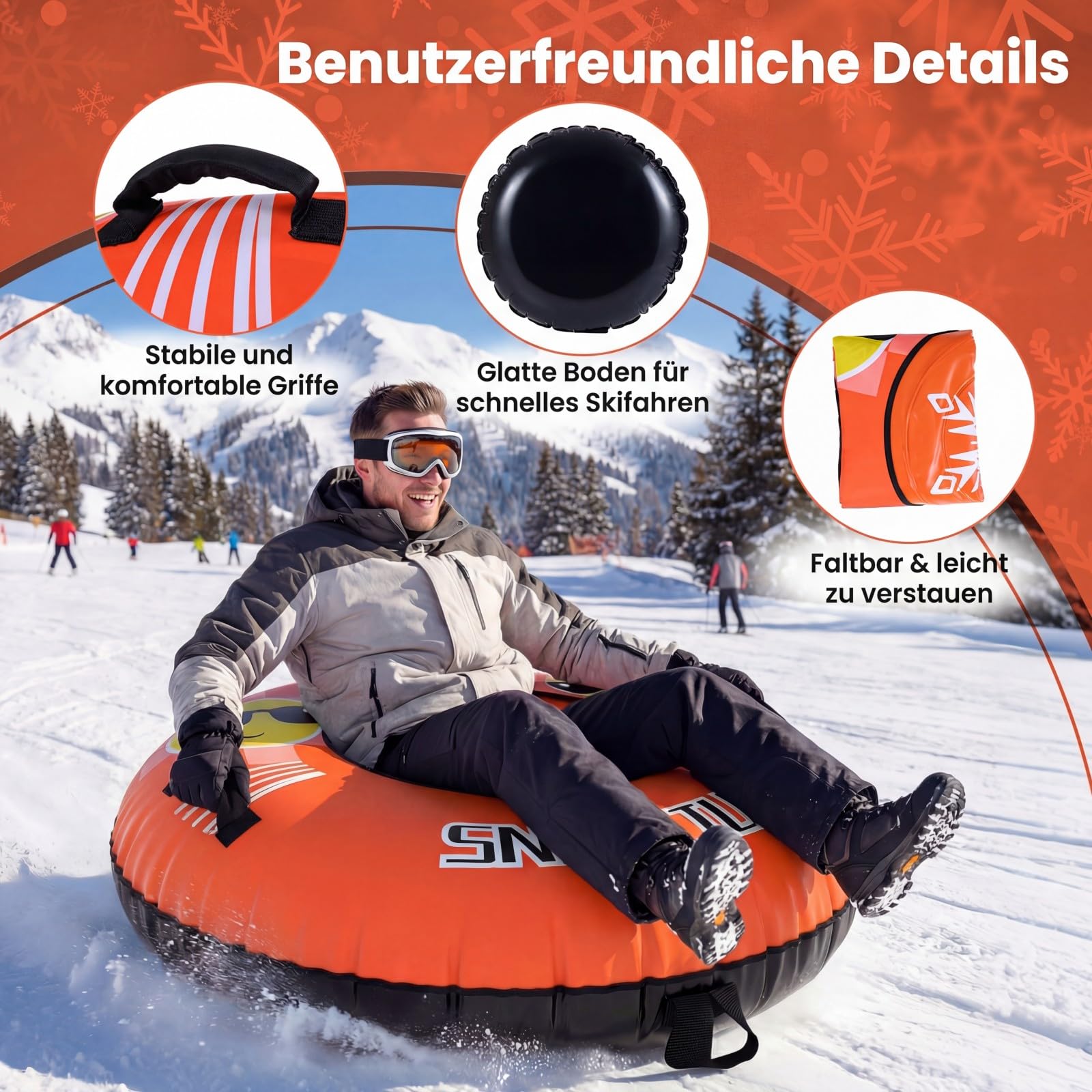 COSTWAY Aufblasbarer Schneereifen mit Schleppleine, 107 cm Snowtube, aufblasbarer Schlitten mit Griffen, Rodelreifen für Kinder und Erwachsene (Orange)