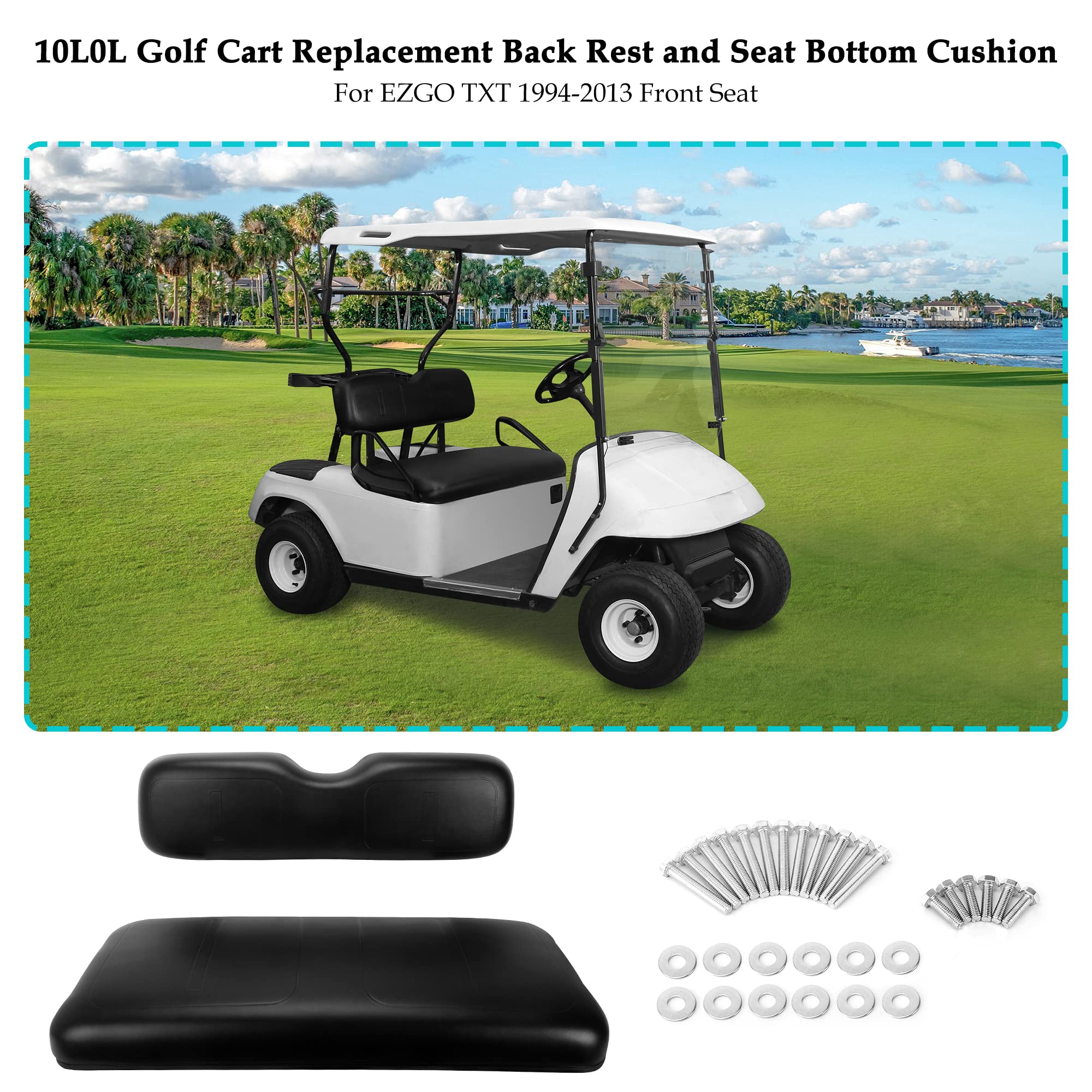 10L0L Front Seat Assembly Kit for EZGO TXT 1994-2013 Golf Cart, Factory Style Seat Cushions & Seat Back, Black