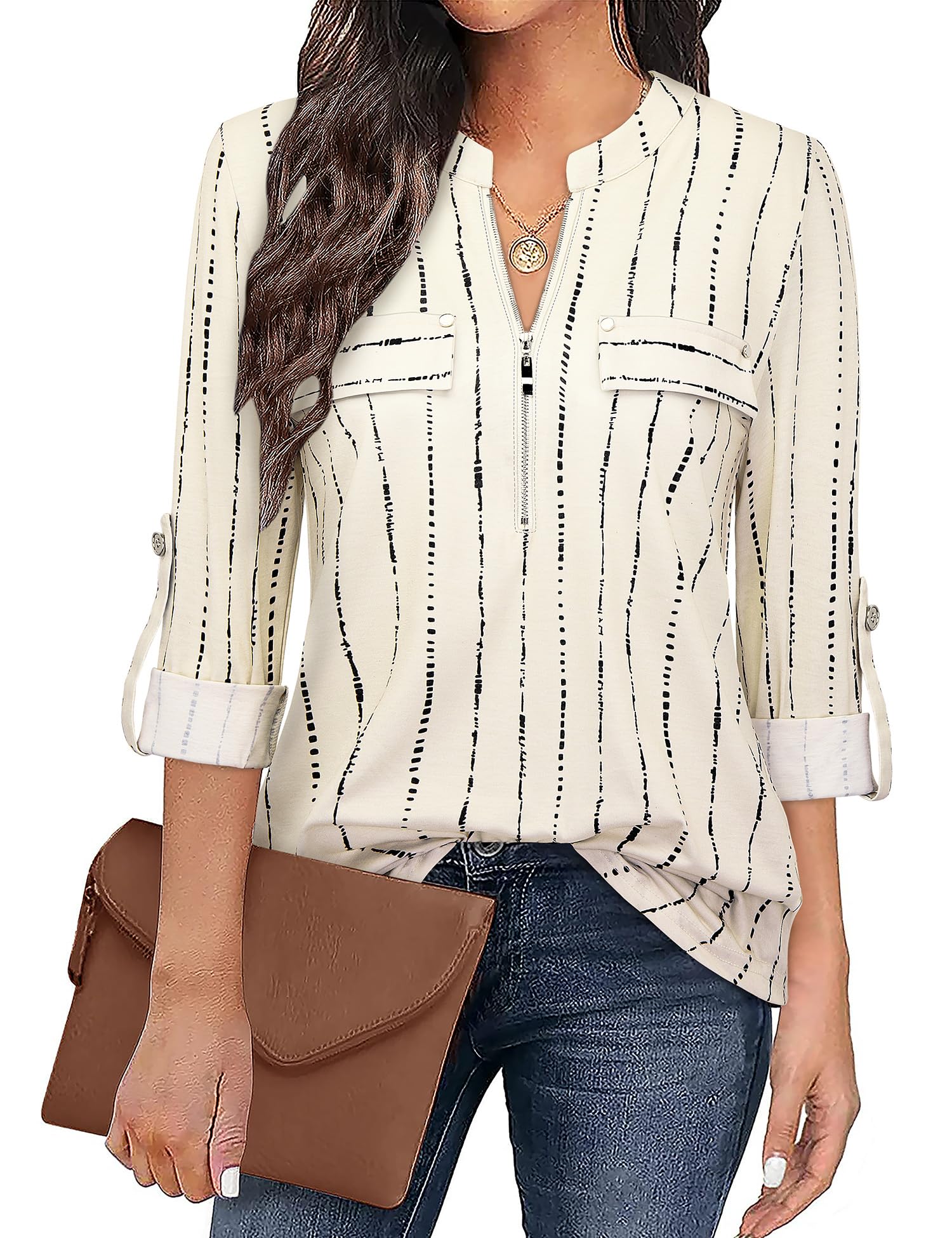 Siddhe Damen V-Ausschnitt Bluse 3/4 Ärmel Tunika mit Reißverschluss Elegant Longbluse Lange Shirt Casual Langarm Top Shirt Oberteil