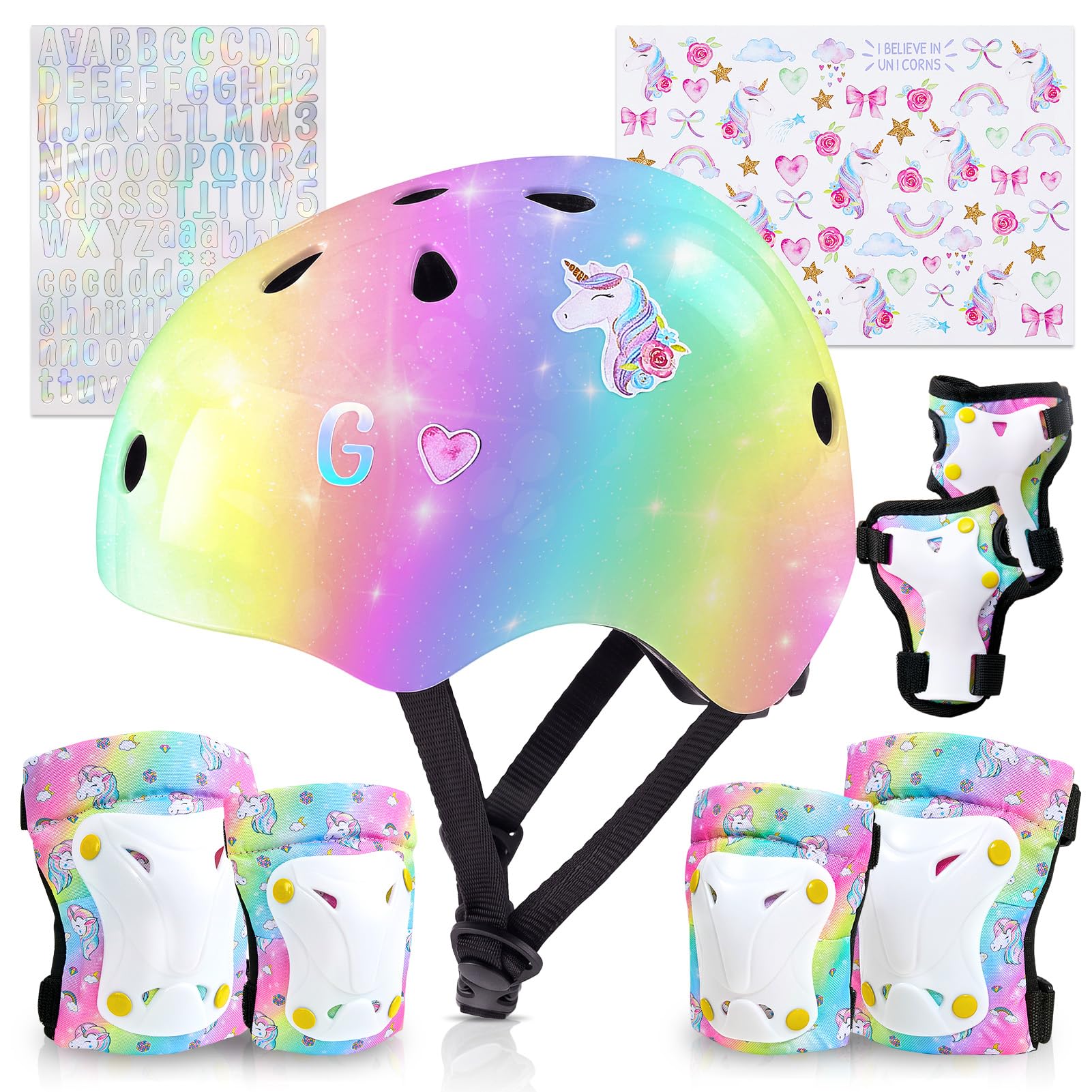Unicorn Catcher Kids Helmet and Knee Pads Set, Adjustable for Girls Rainbow Small: 3-8 year