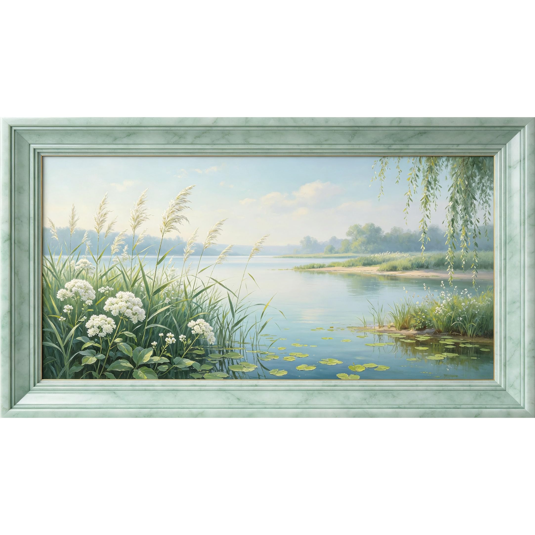 QZLITHOTIC 50x90cm3D Framed Wall Art， Tranquil Lakeside Landscape Botanical Watercolor Self‑Adhesive Mural， Water‑Activated Peel & Stick Fabric Decor Wall Decal for Bedroom Living Room