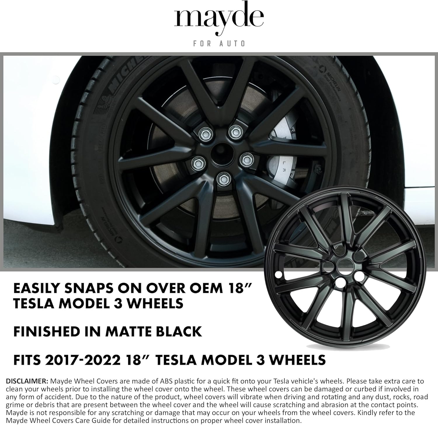 Mayde 18-Inch Wheel Covers fits 2017-2023 Tesla Model 3 Rims, Replacement Hub Caps (1 Piece, Matte Black)
