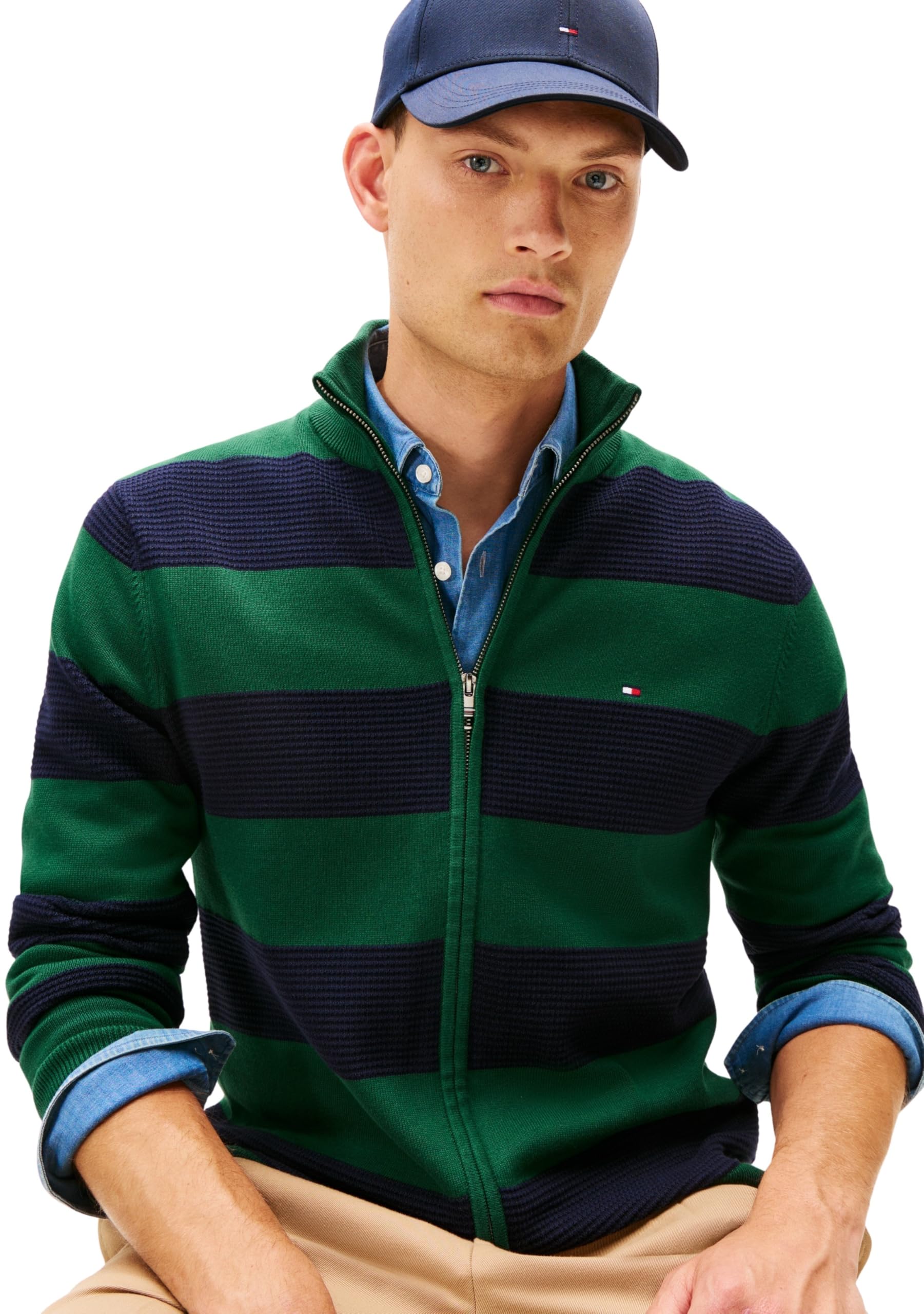 Tommy Hilfiger Uomo Pullover con Zip Cotton Zip Through con Colletto alla Coreana