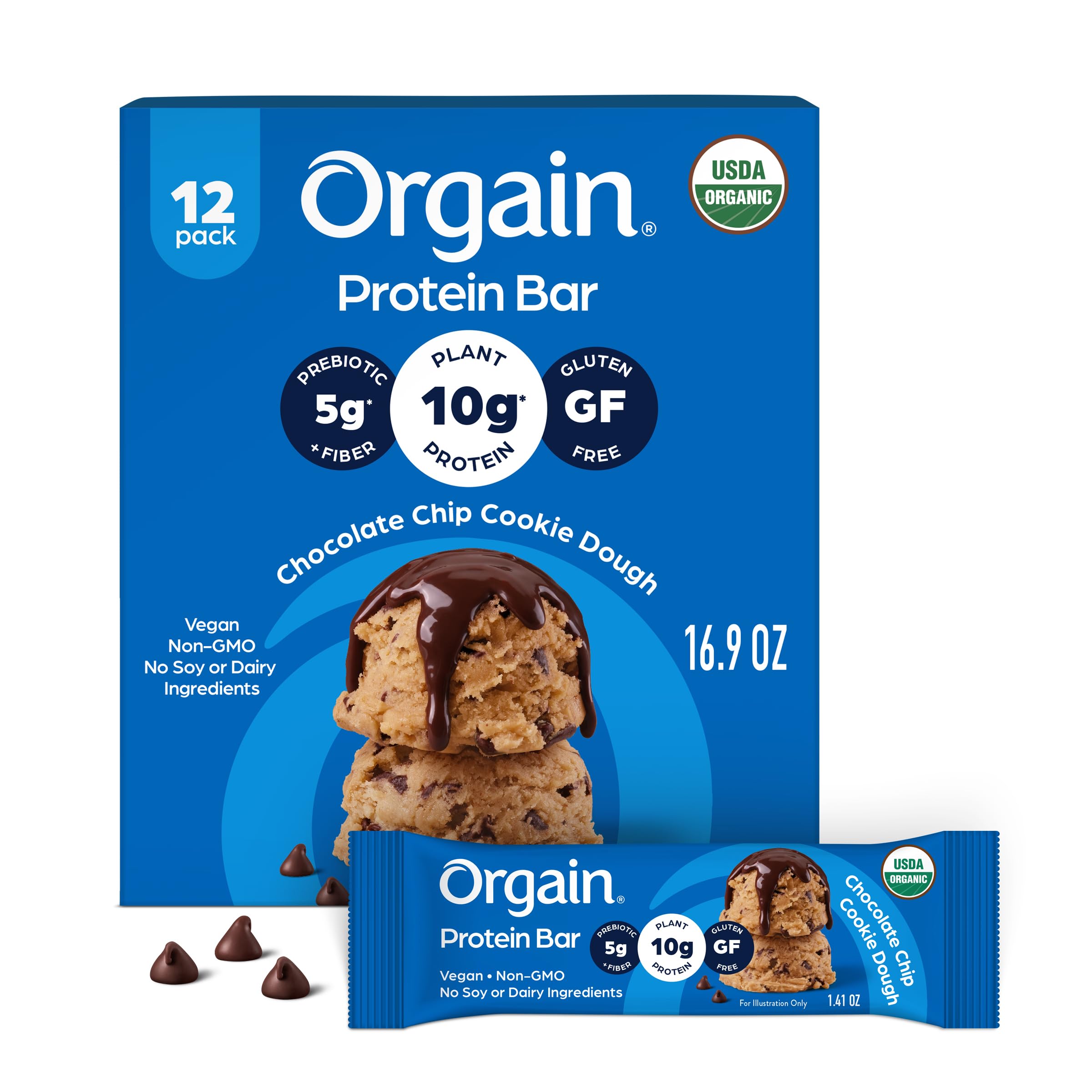 Orgain Organic Vegan 10g Protein Bars, Chocolate Chip Cookie Dough, 12 Pk Chocolate Chip Cookie Dough 1.41 oz (Pack of 12)