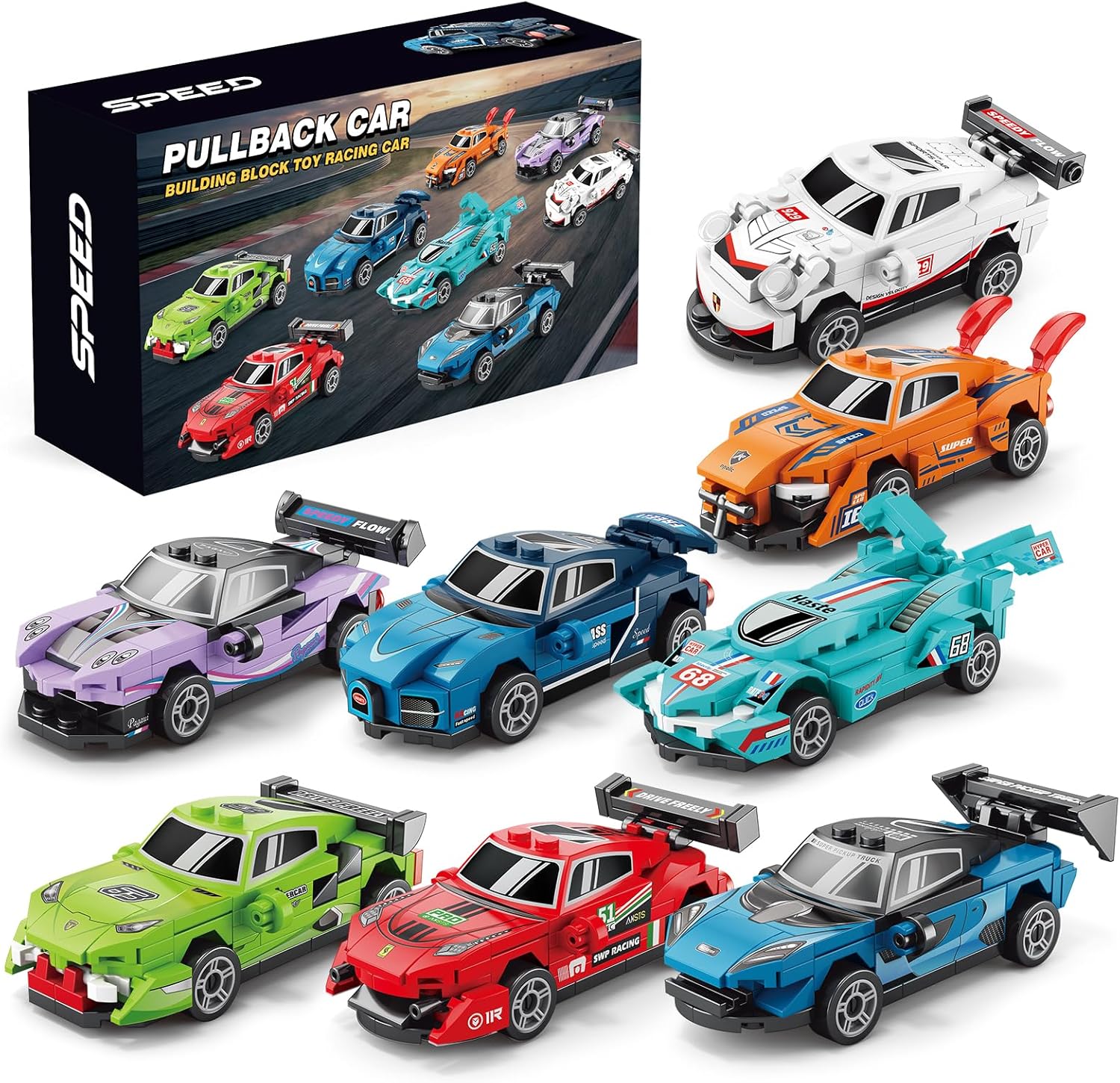 Nueris 8 Pack Technic Super Sports Cars Model Sets - 573 PCS MOC Building Block Car Raceing Engineering Toys - Gift Idea for Adults Boys Girls for Play and Display Collection