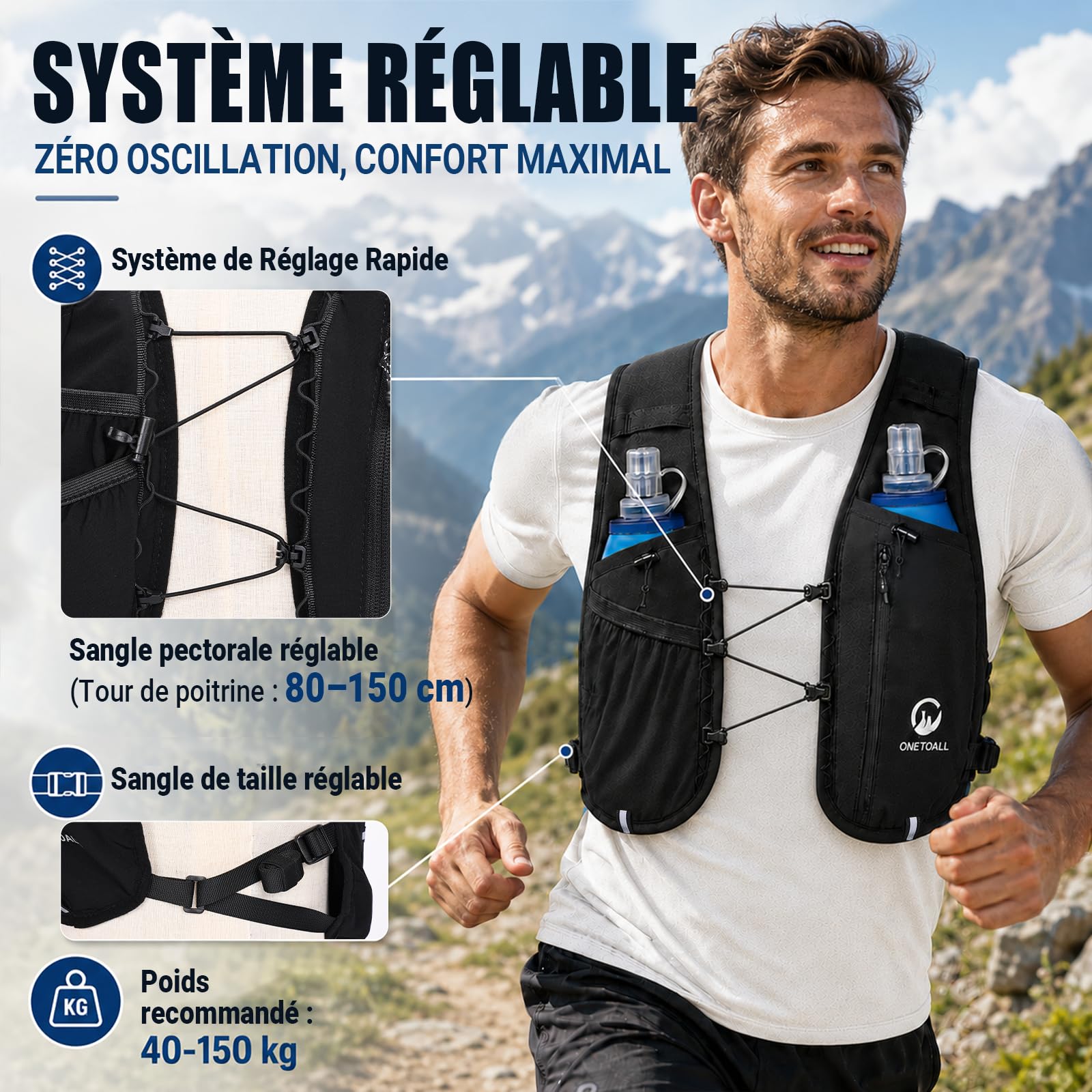 Gilet Hydratation Running Femme - 2 Gourdes Souples 500ml + Lumière LED, Sac de Course à Pied Léger pour Homme, Marathon, Trail, Randonnée