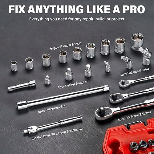 Miniatura 3 de Juego de herramientas mecánicas de 86 piezas, 1/4 de pulgada 3/8 pulgadas 1/2 pulgadas y juego de trinquete, SAE/métrico, trinquete de 90 dientes,
